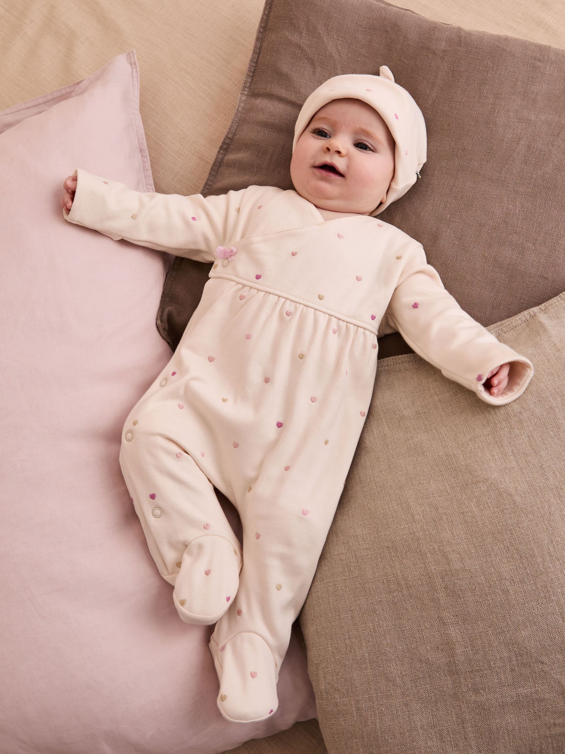 Cream Cotton 2-Piece Embroidered Sleepsuit and Hat Set (AV1776) | £26