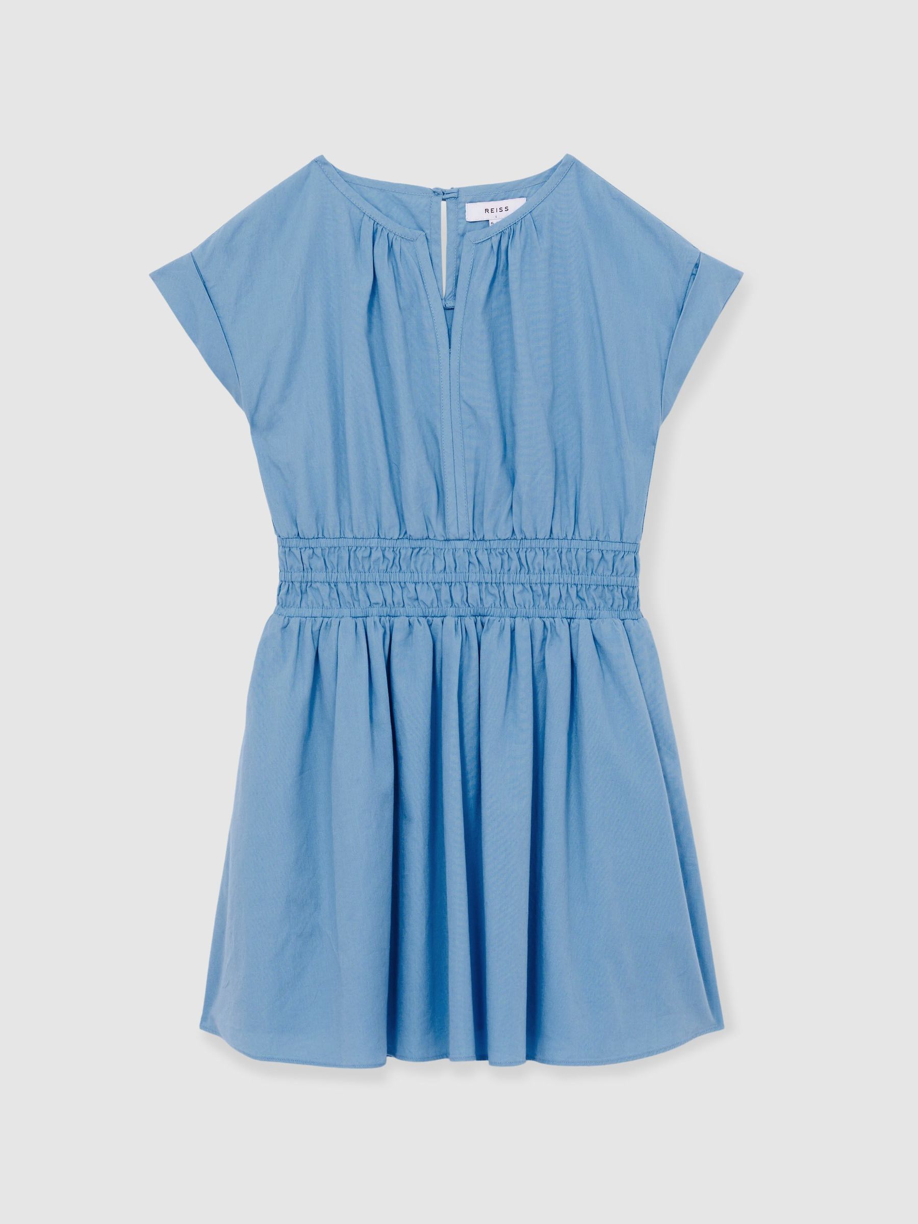 13-14 yrs Cotton Cap-Sleeve Ruched Dress in Blue (AV5069) | £56