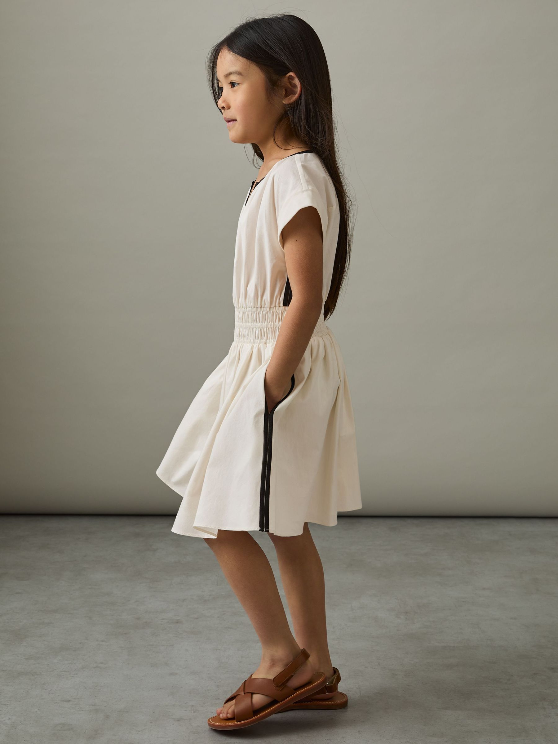 9-13 yrs Cotton Cap-Sleeve Ruched Dress in Ivory (AV5096) | £53