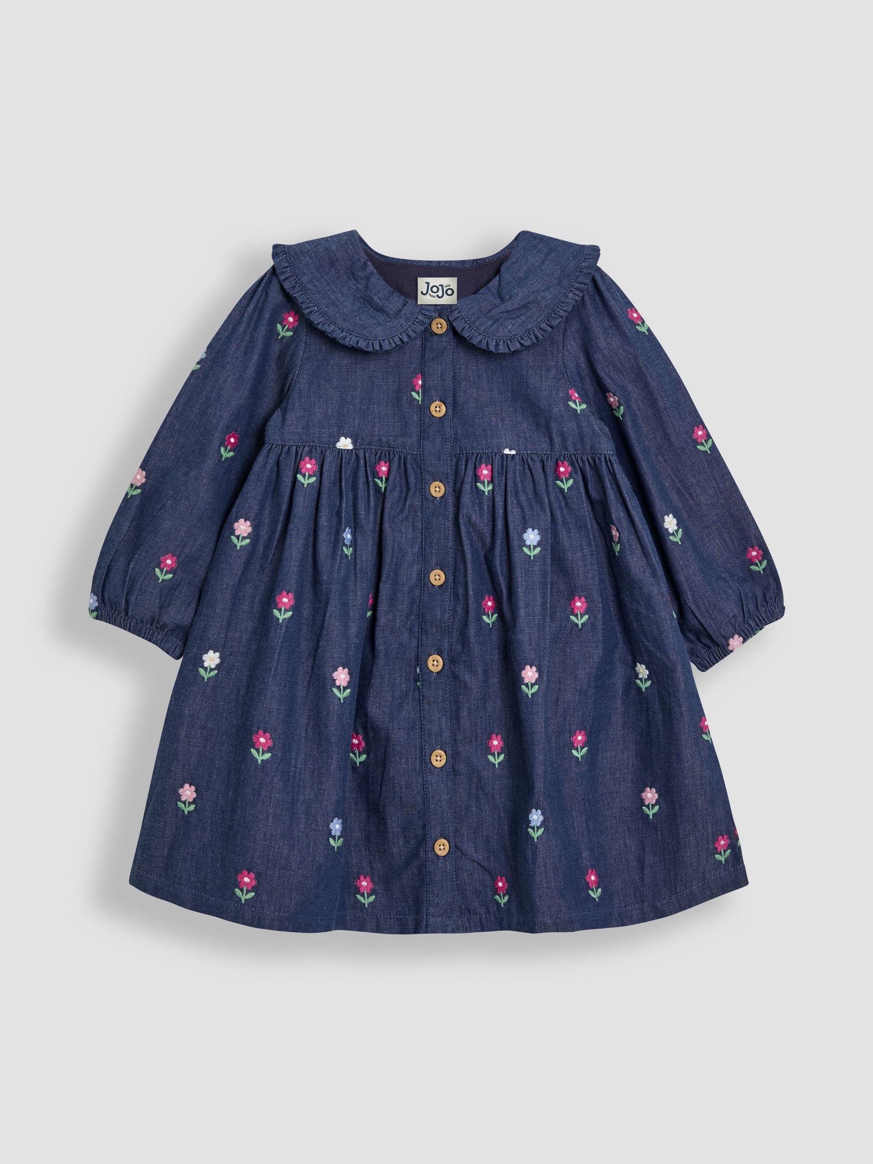Chambray Blue Floral Embroidered Button Through Dress (AV5326) | £28 - £31