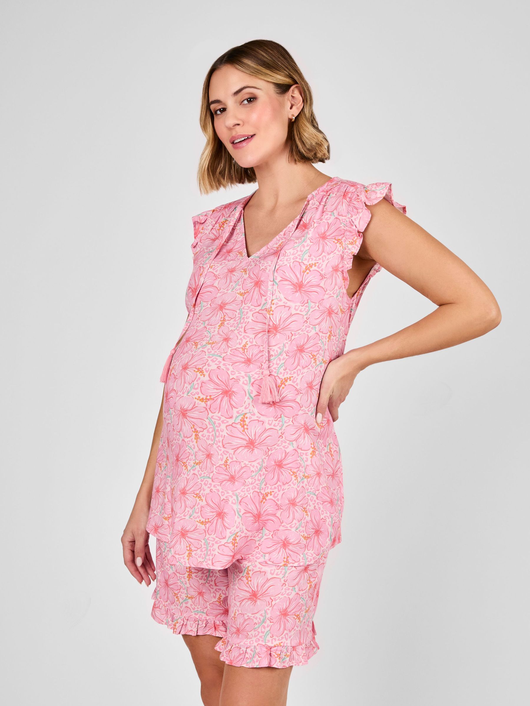Pink Floral Patterned Frill Sleeve Maternity Blouse (AV5334) | £36