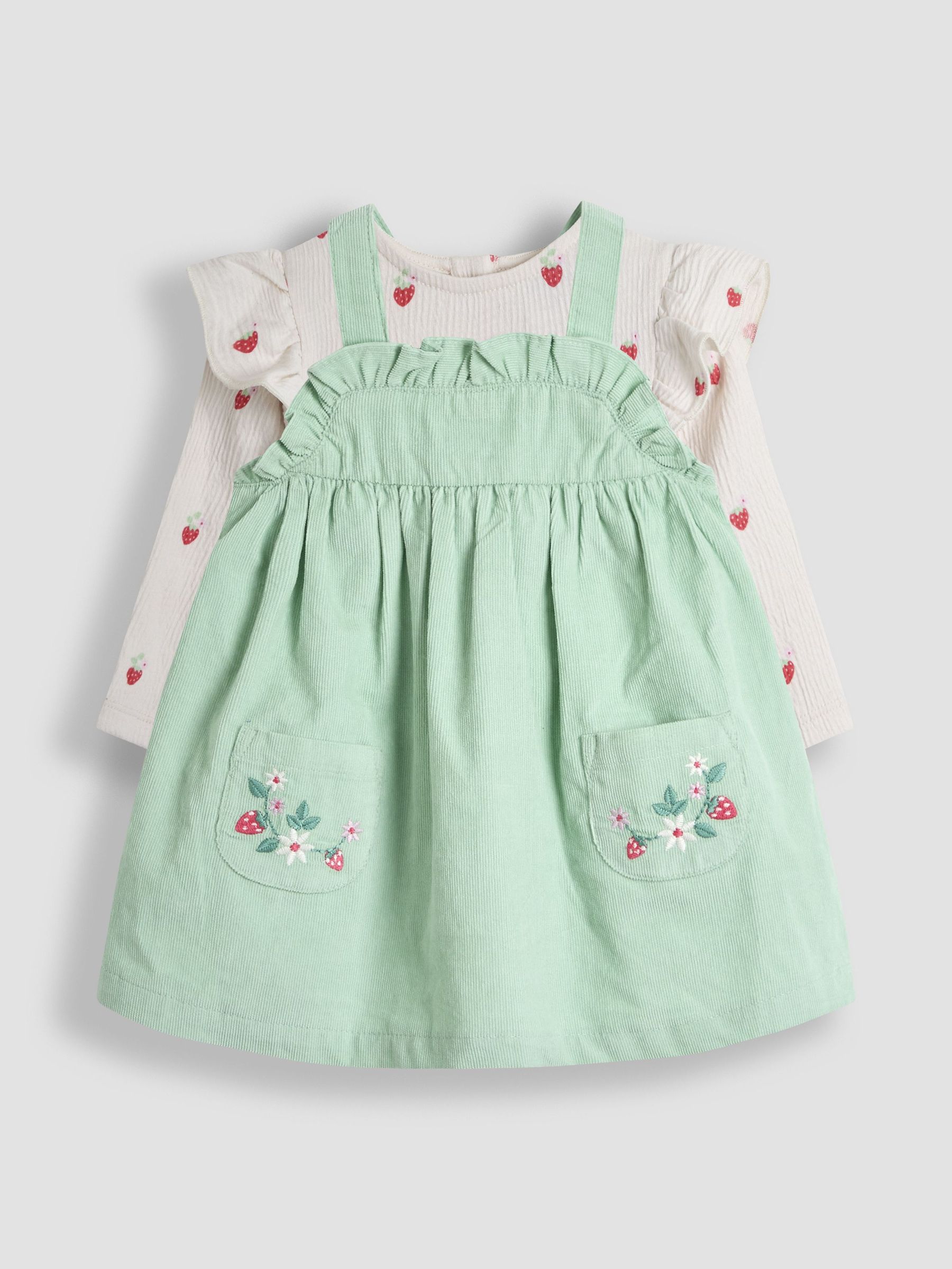 Khaki Green Strawberry 2-Piece Frill Sleeve Top & Pinafore Set (AV5362) | £30 - £32