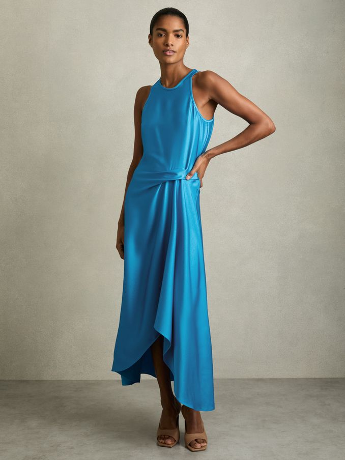 Satin Drape Tuck Midi Dress in Blue (AV6501) | £158