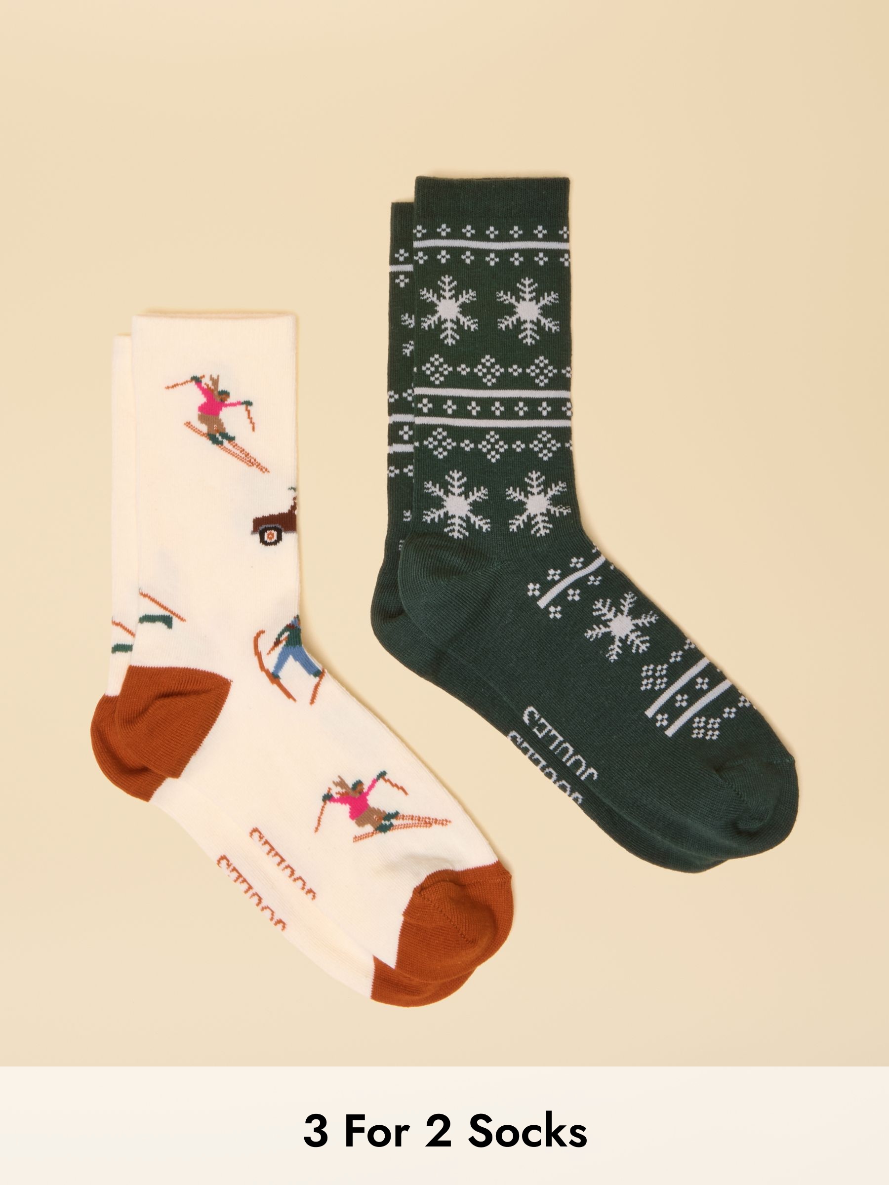 Women's Everyday Cream & Green Ski Cotton Blend Socks 2 Pack (size 4-8) (AV7343) | £9.95