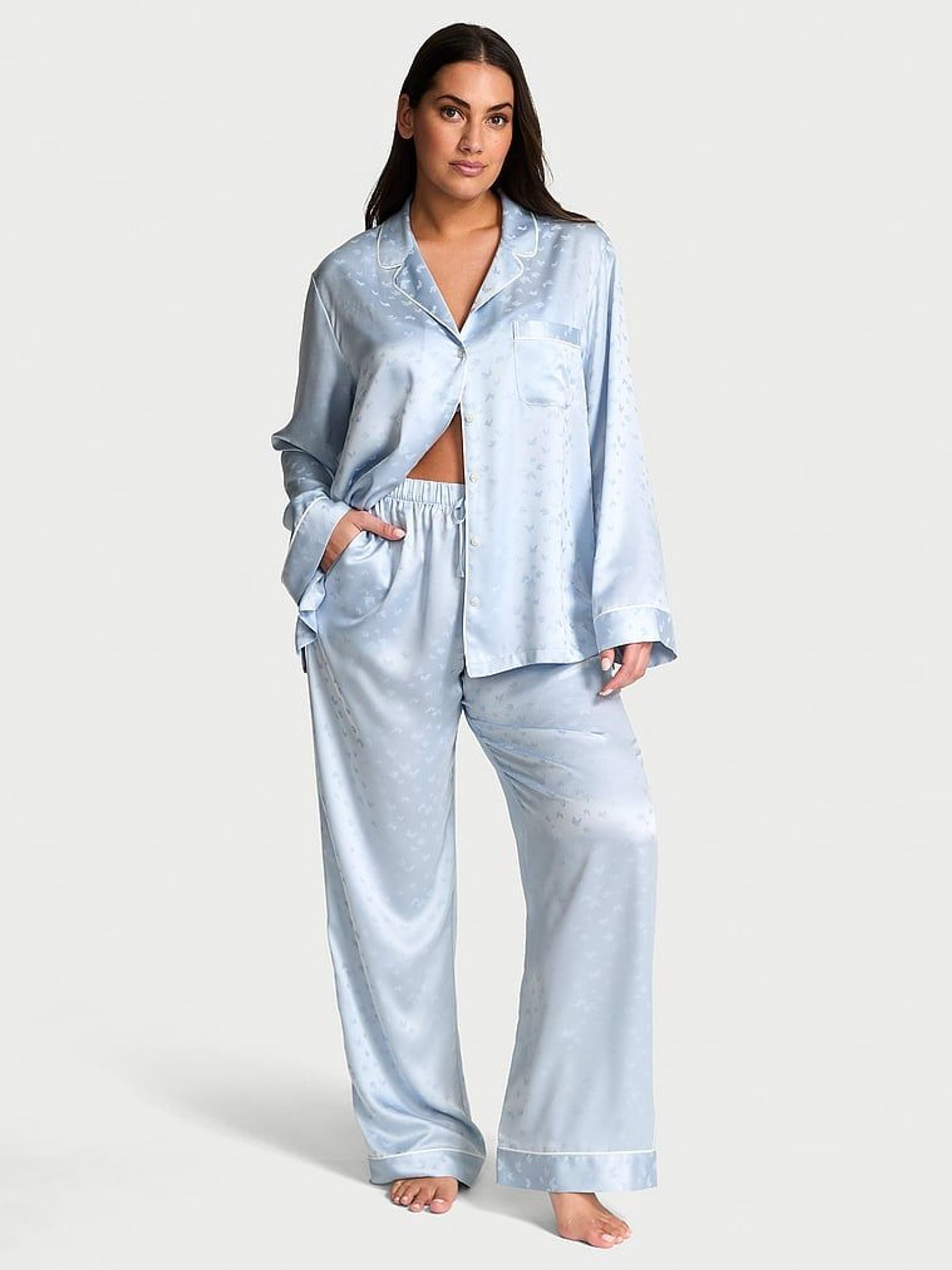 Palest Blue Butterfly Jacquard Satin Long Pyjama Set (AV7549) | £69