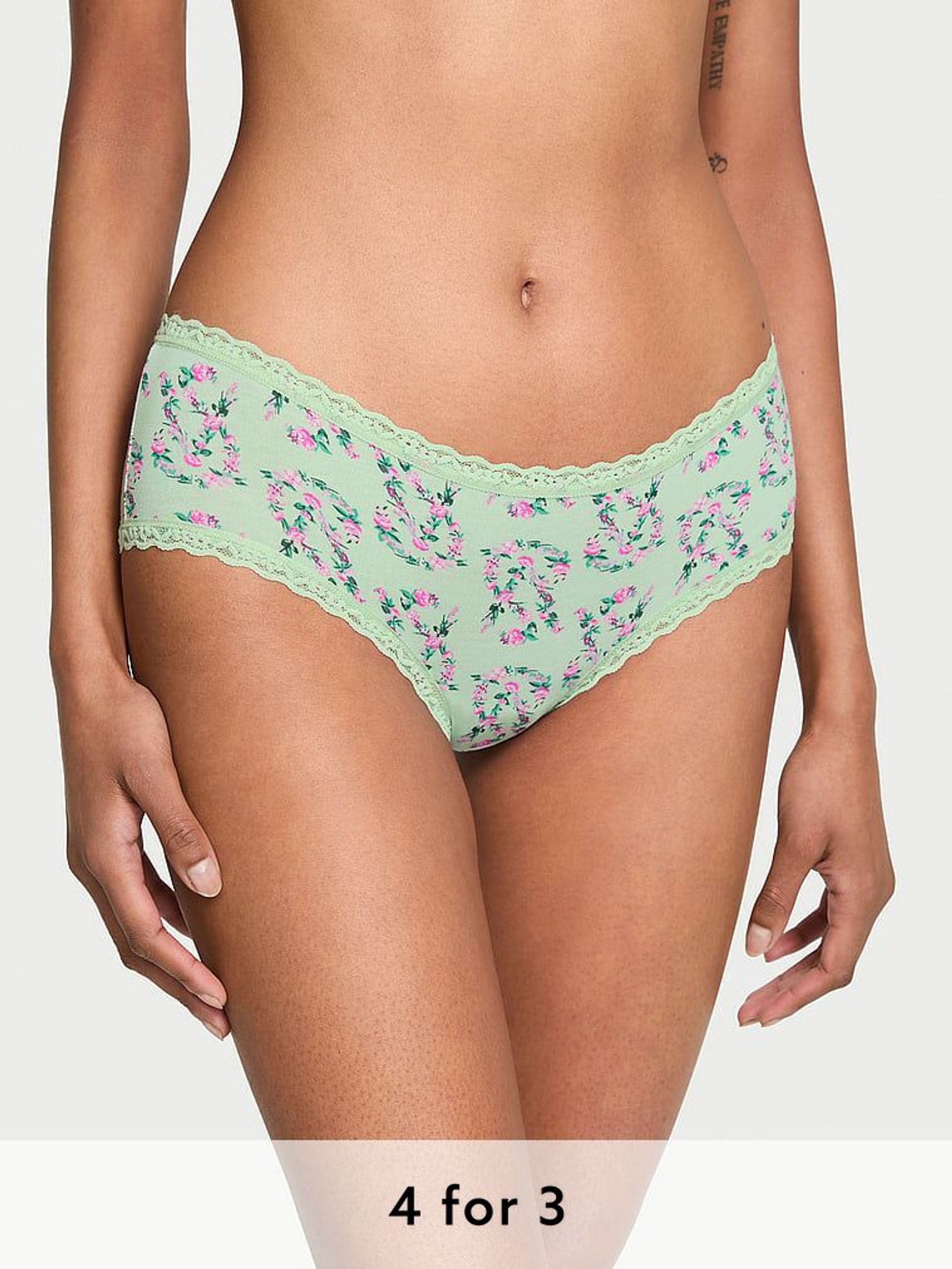Mint Green Floral Logo Cheeky Cotton Lace Waist Knickers (AV7576) | £9