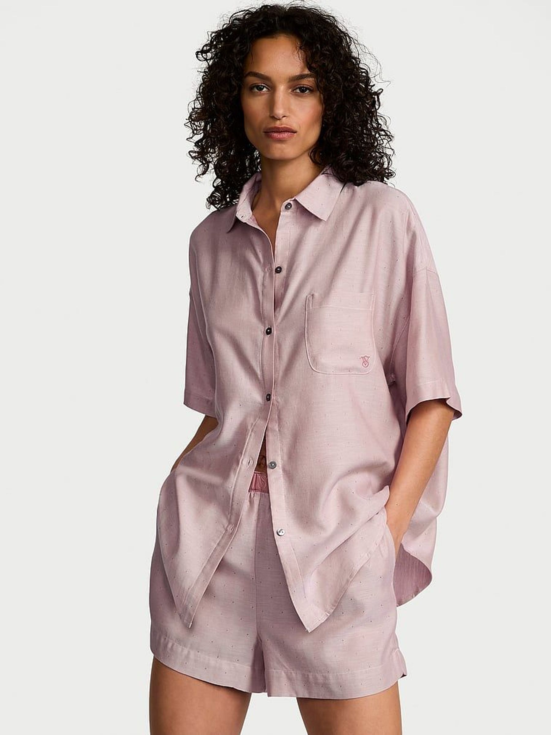 Nostalgia Rose Pink Herringbone Cotton Modal Short Pyjama Set (AV7580) | £55