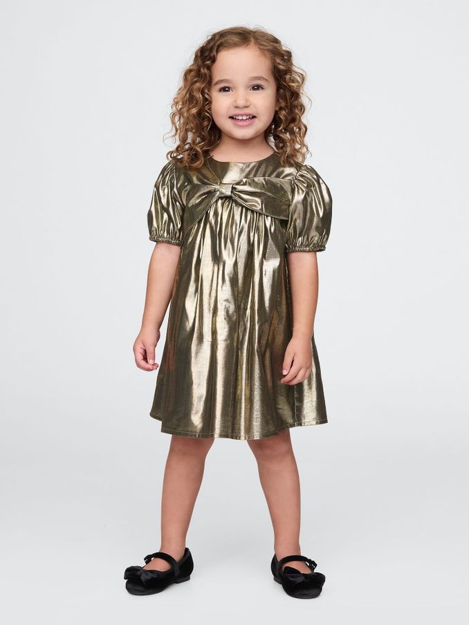 Gold Metallic Bow Dress (6mths-5yrs) (AV8442) | £15