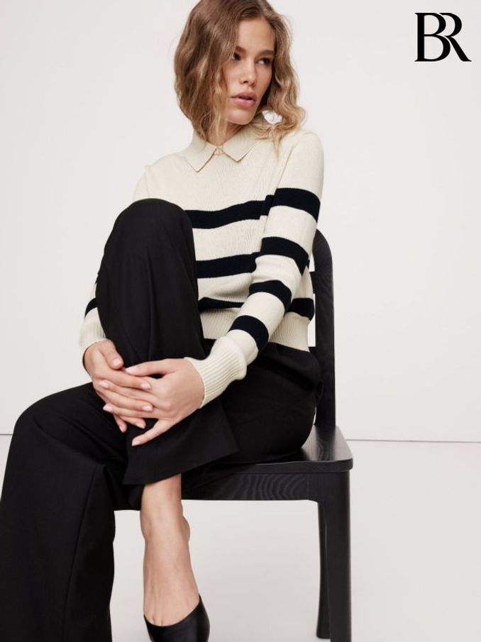 Banana Republic Cream Stripe Long Sleeve Cotton Silk Collar Top (AV8648) | £65