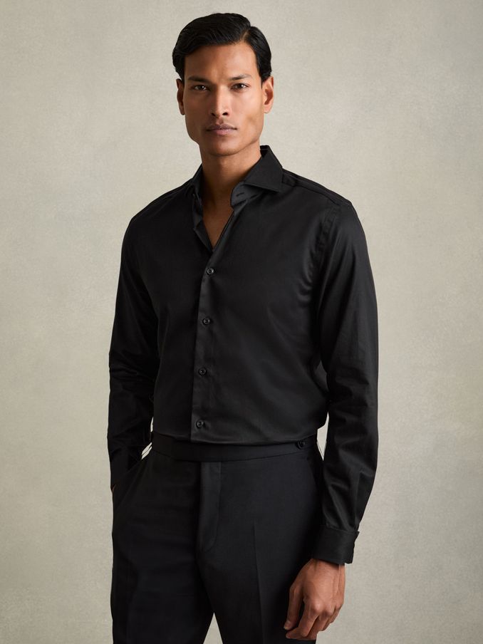 Double-Cuff Two-Fold Cotton Shirt in Black (AW1272) | £88