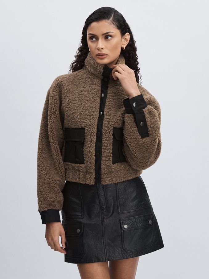 Paige Faux-Shearling Press Stud Jacket in Cocoa (AW1347) | £440
