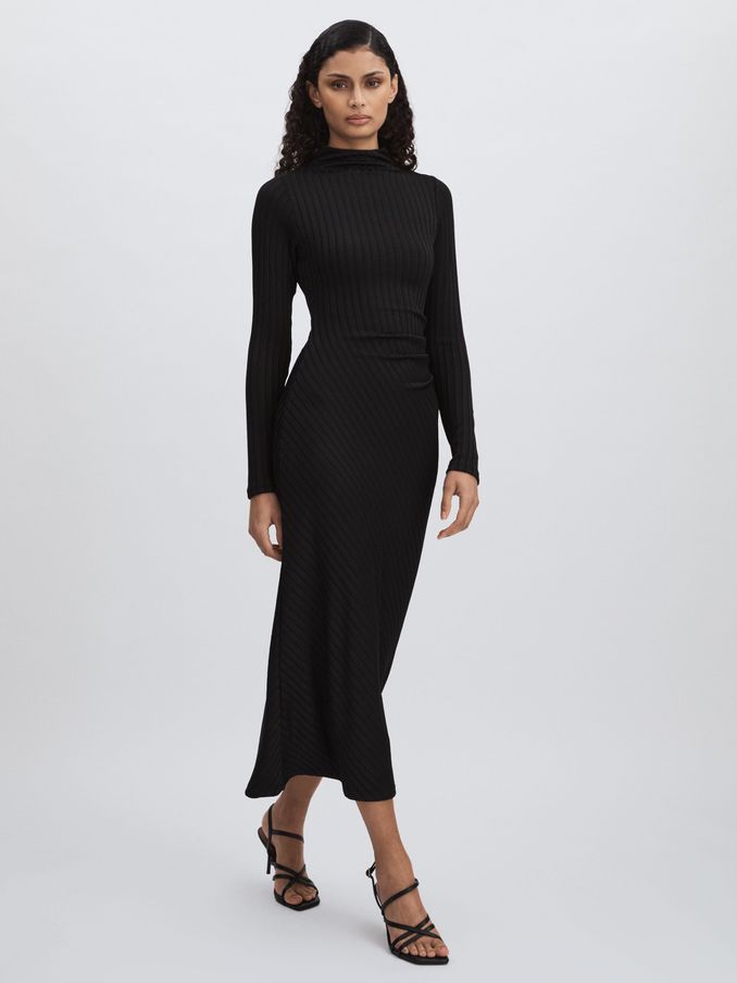 Rib-Knit Midi Dress in Black (AW1352) | £187