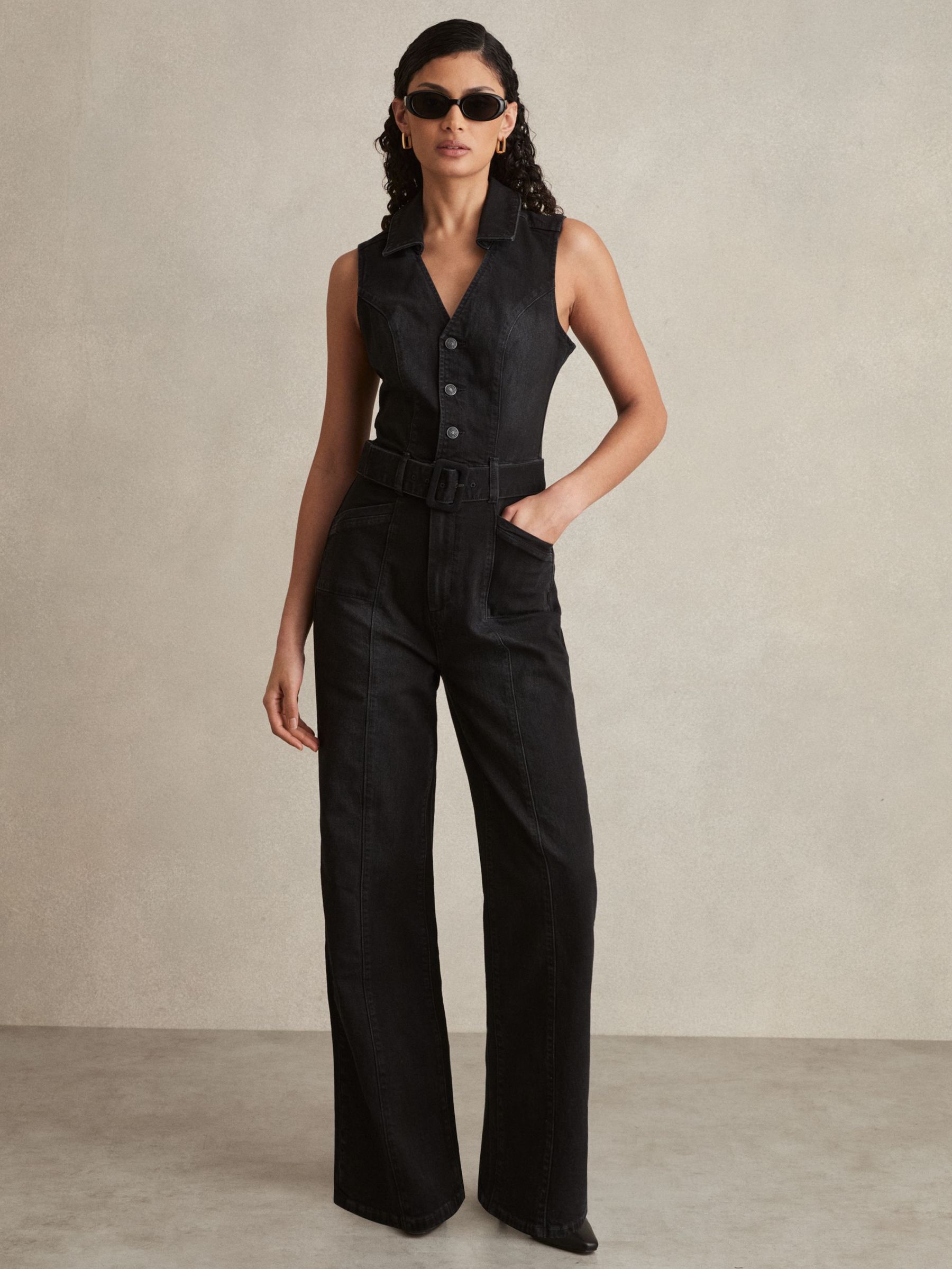 Paige Sleeveless Denim Jumpsuit in Washed Black (AW1354) | £365