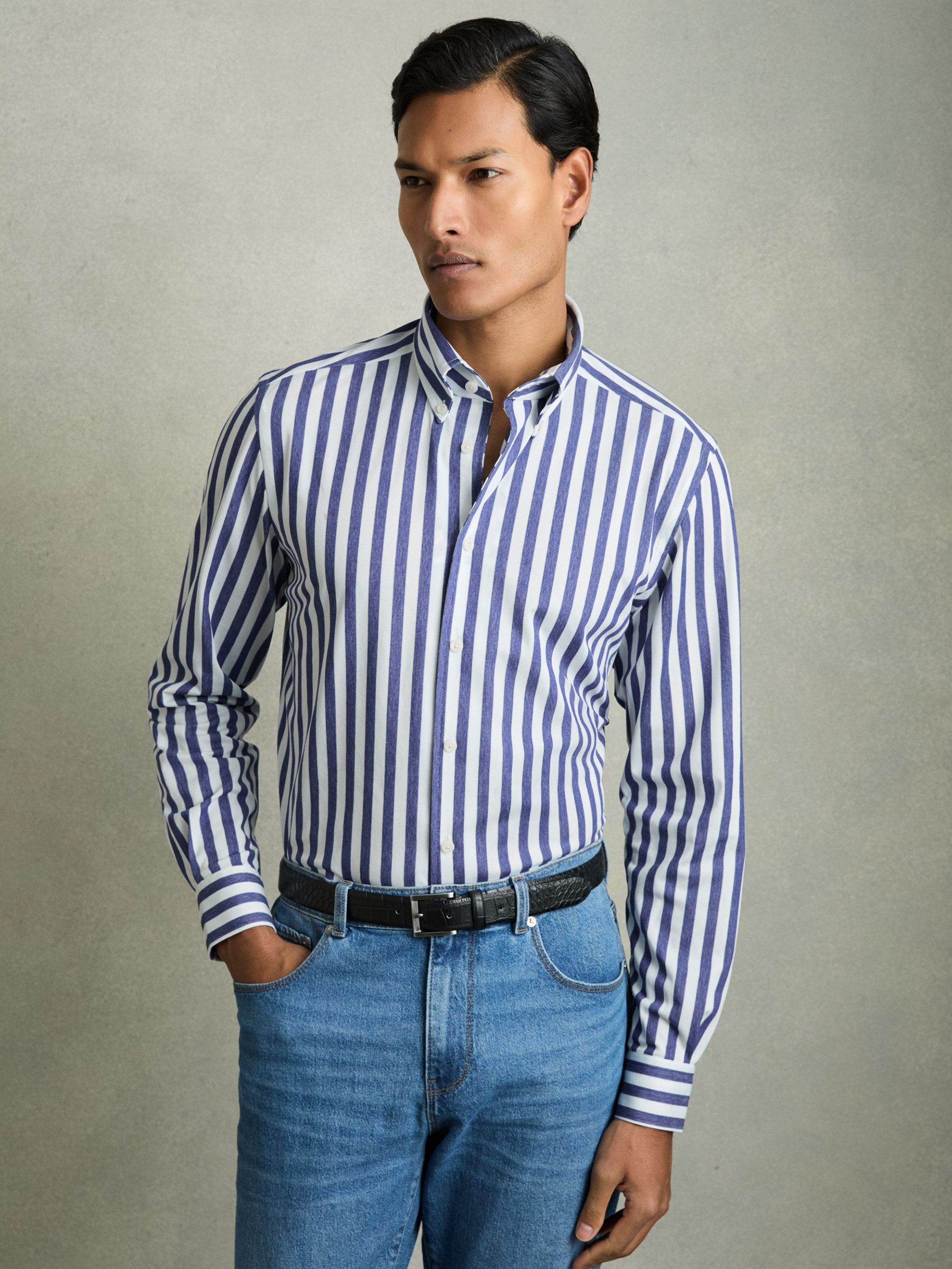 Striped Jersey Button-Down Shirt With Cotton in Blue Stripe (AW3601) | £110