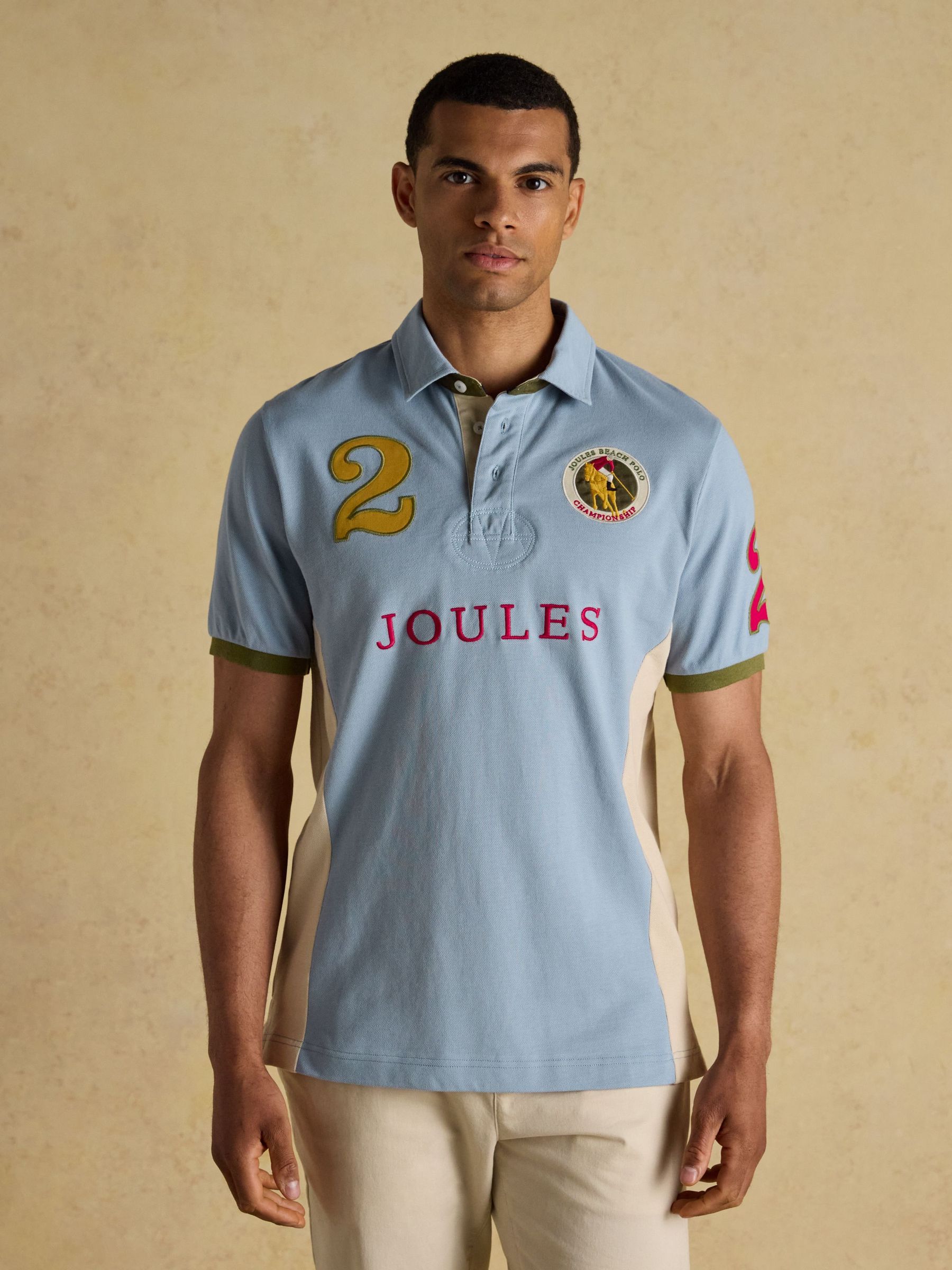 Embellished Blue & Ecru Classic Fit Cotton Polo Shirt (AW4465) | £30