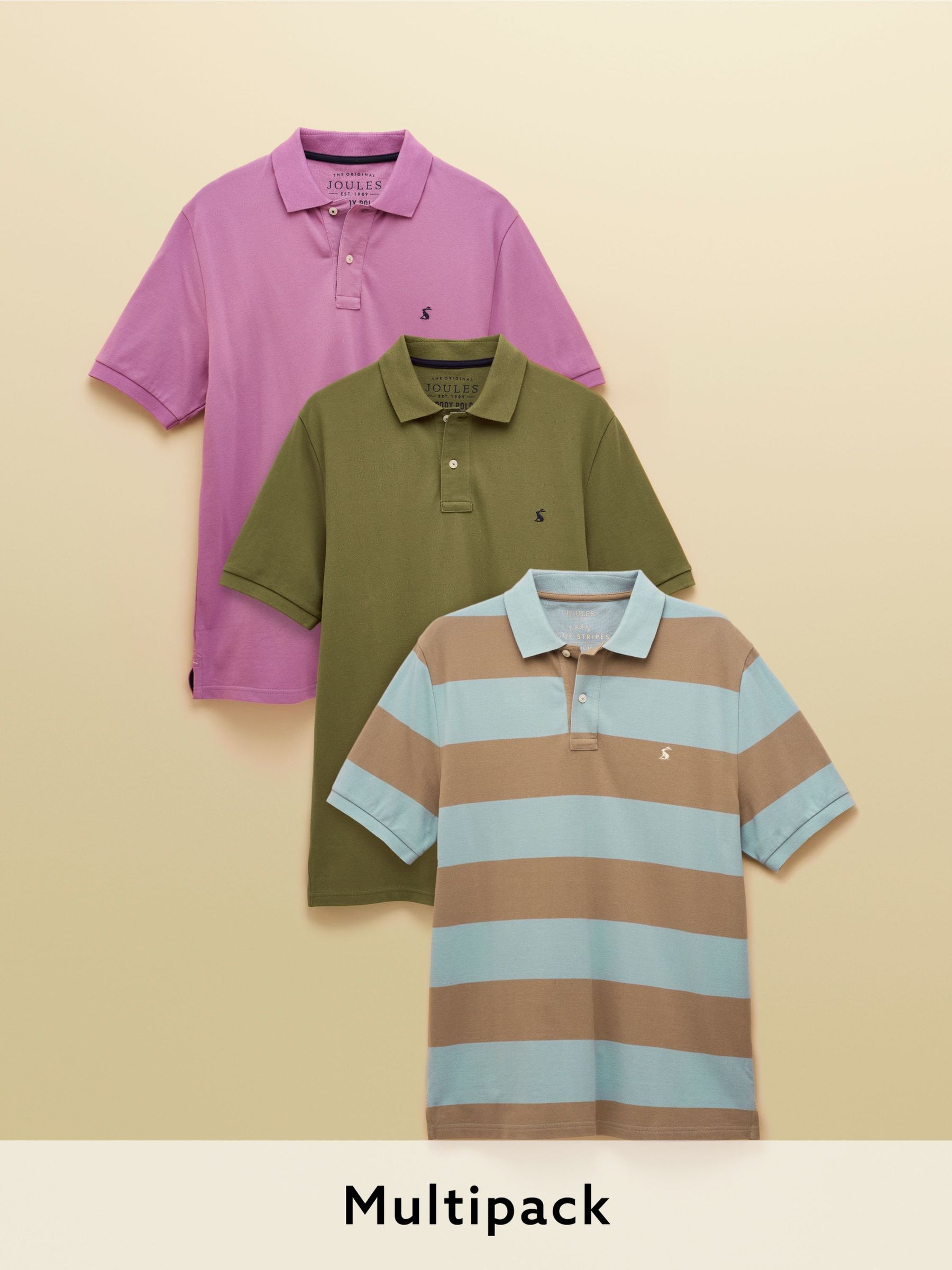Woody Polo Shirts Lilac/Khaki/Blue & Brown Stripe 3 Pack