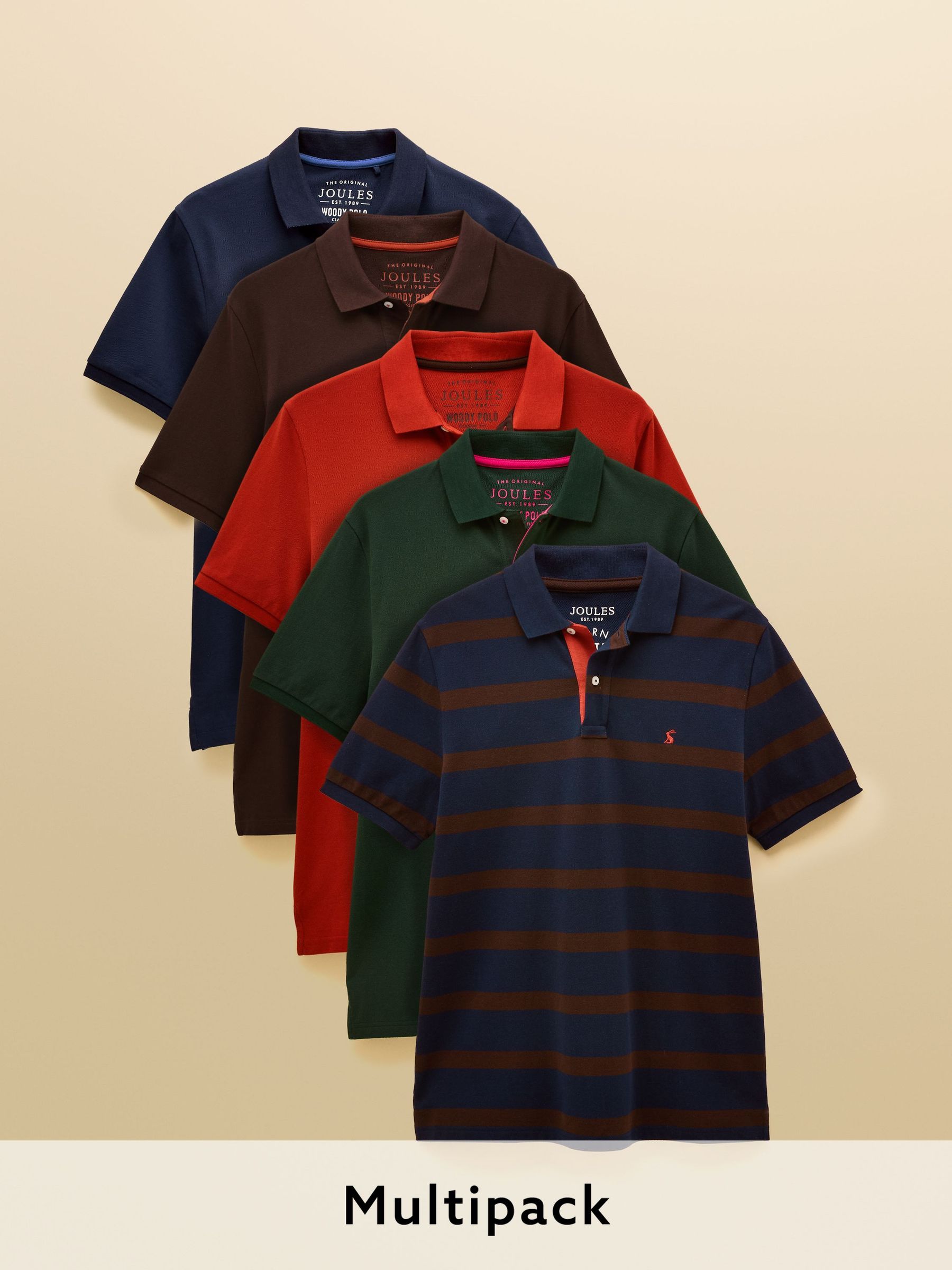 Woody Polo Shirts Navy/Green/Brown/Orange/Brown Stripe 5 Pack (AW4483) | £110