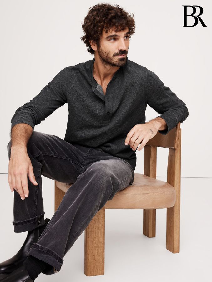 Banana Republic Grey Slub Double-Knit Henley Long Sleeve T-Shirt (AW4498) | £70