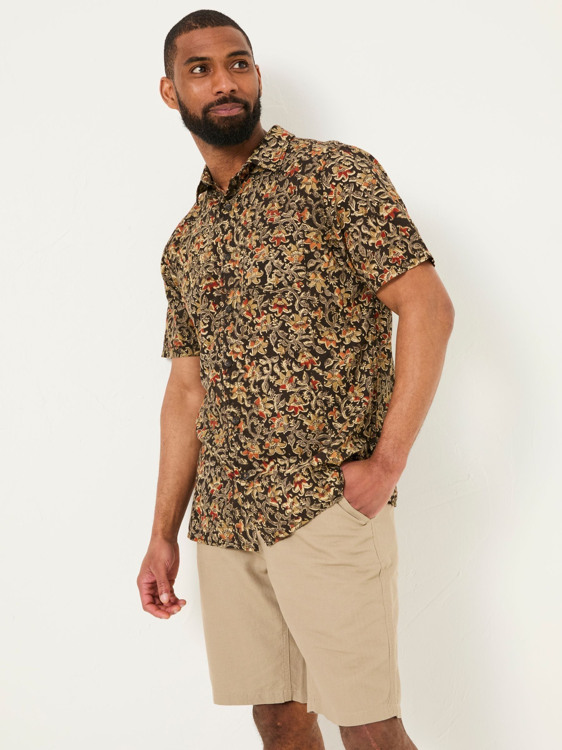 Washed Black Short Sleeve Authentic Indian Hand Block Print Shirt (AW4663) | £48