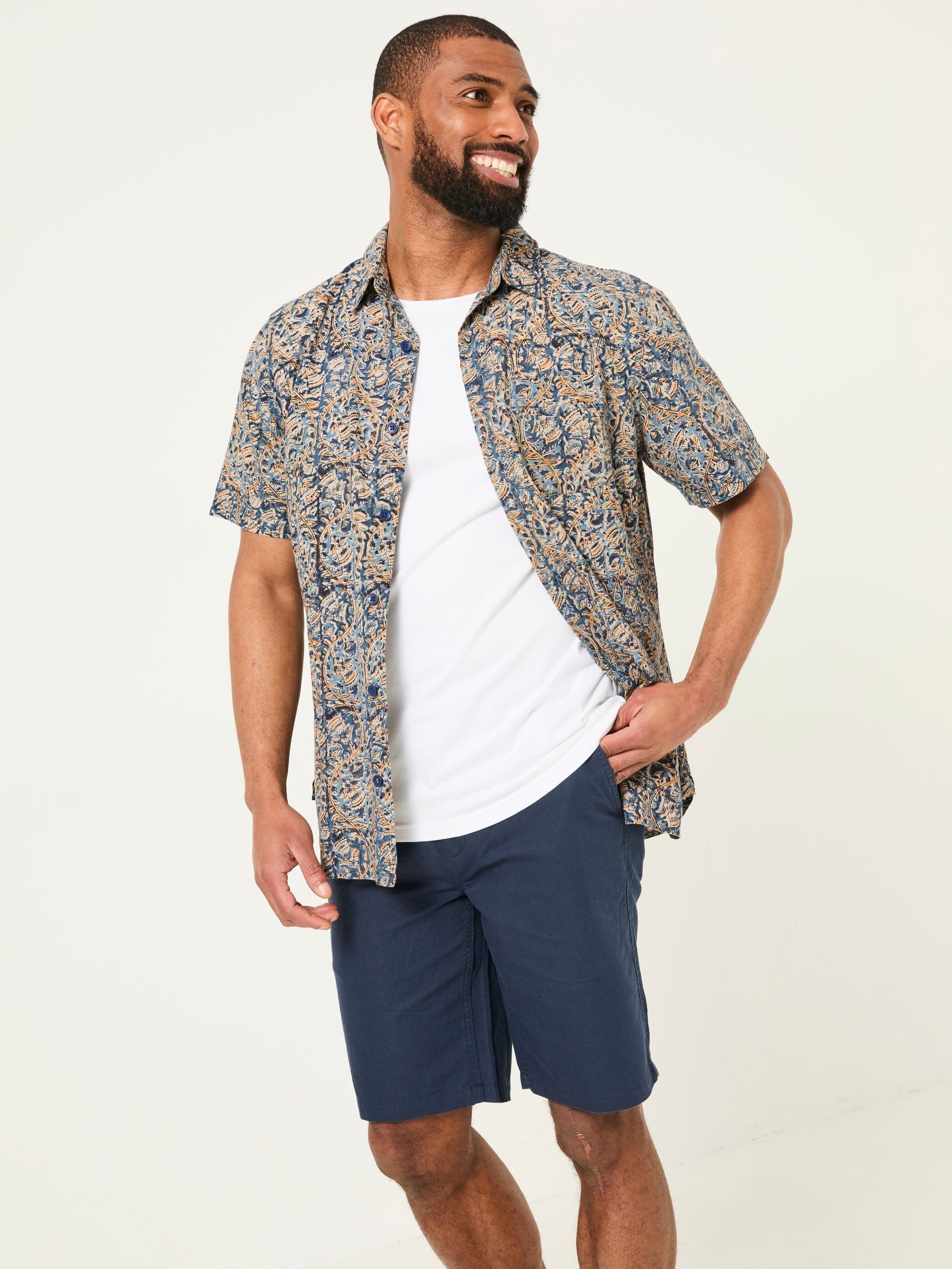Blue Short Sleeve Authentic Indian Hand Block Print Shirt (AW4748) | £48