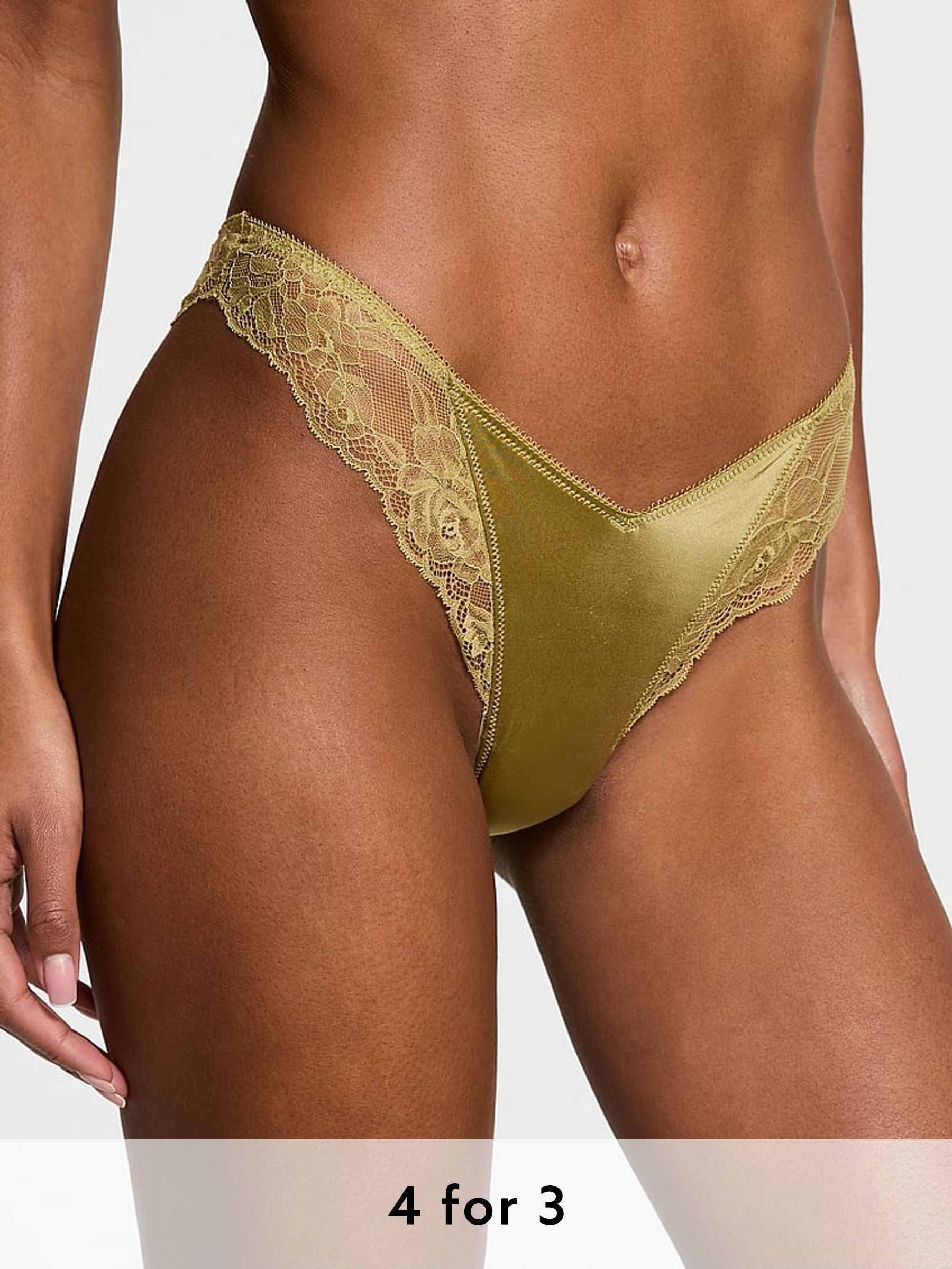Moss Green Thong Rose Lace Trim Knickers (AW6312) | £14