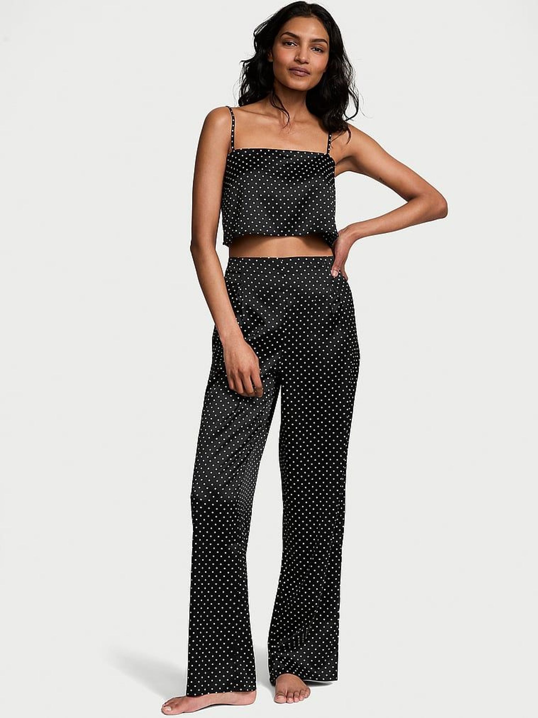 Black Dots Satin Cropped Pyjama Set (AW6341) | £85
