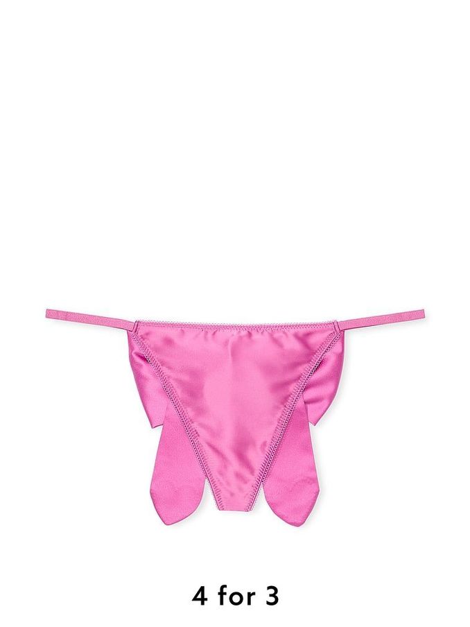 New Peony Pink Satin Heart Rhinestone Bow G-String Knickers (AW6343) | £18