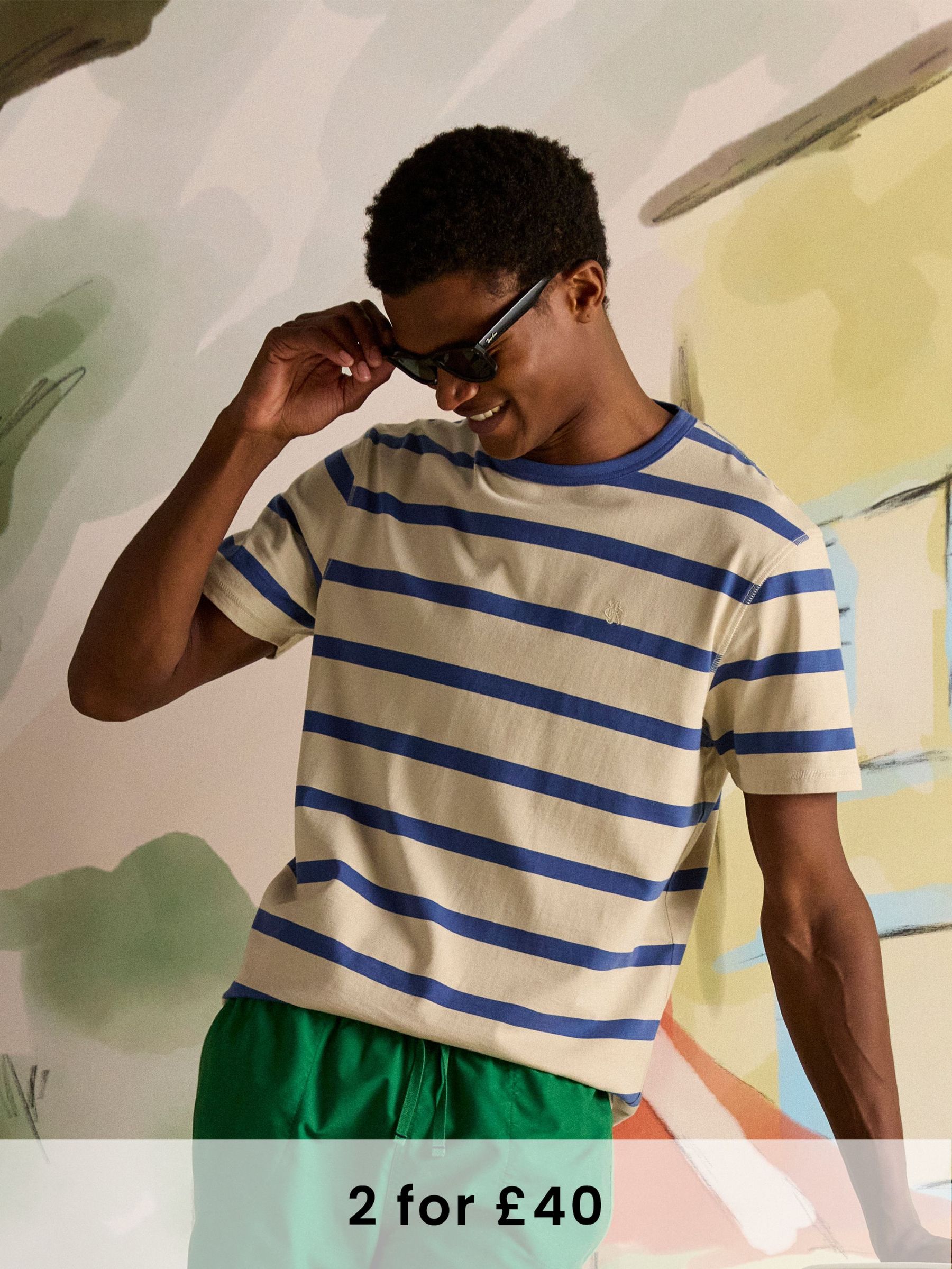 Rugby Club Cream/Blue Crew Neck Cotton T-Shirt (AW6398) | £26