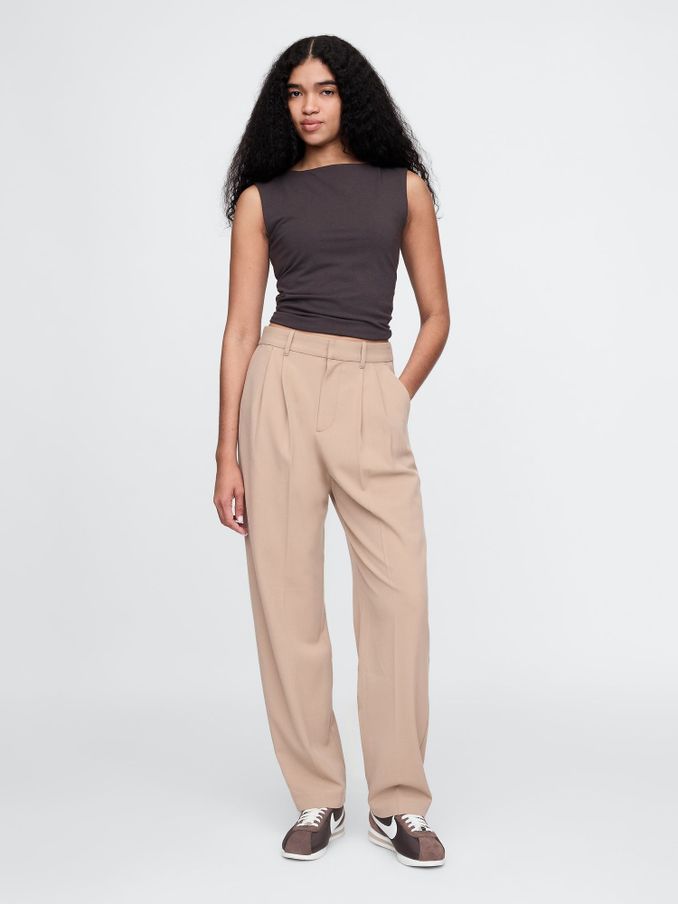 Beige Everyday High Waisted Brushed Twill Pleated Taper Trousers (AW6463) | £18