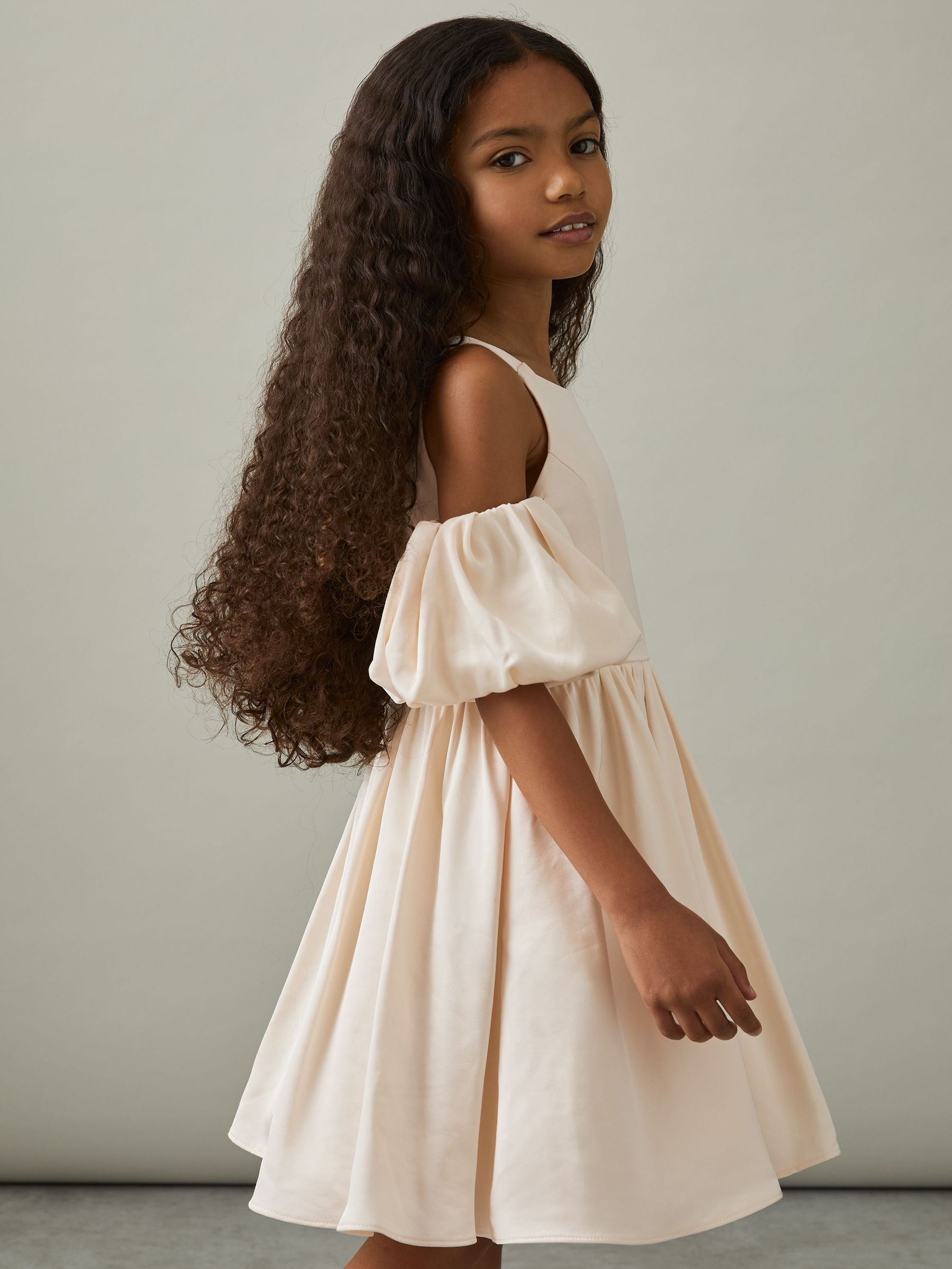 9-13 yrs Sateen Puff-Sleeve Bridesmaid Dress in Ivory (AW6606) | £93