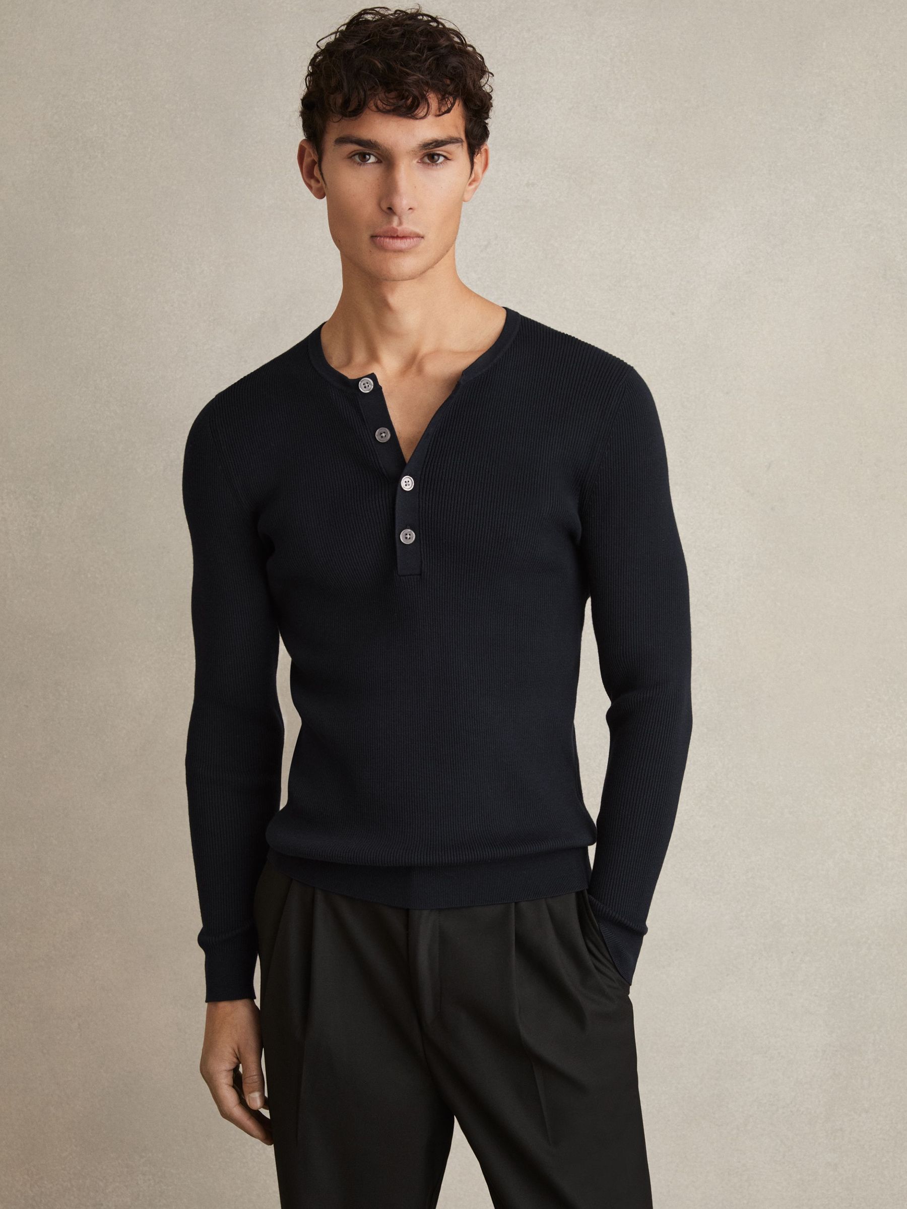 Rib Knit Henley Jumper in Navy (AW6749) | £130
