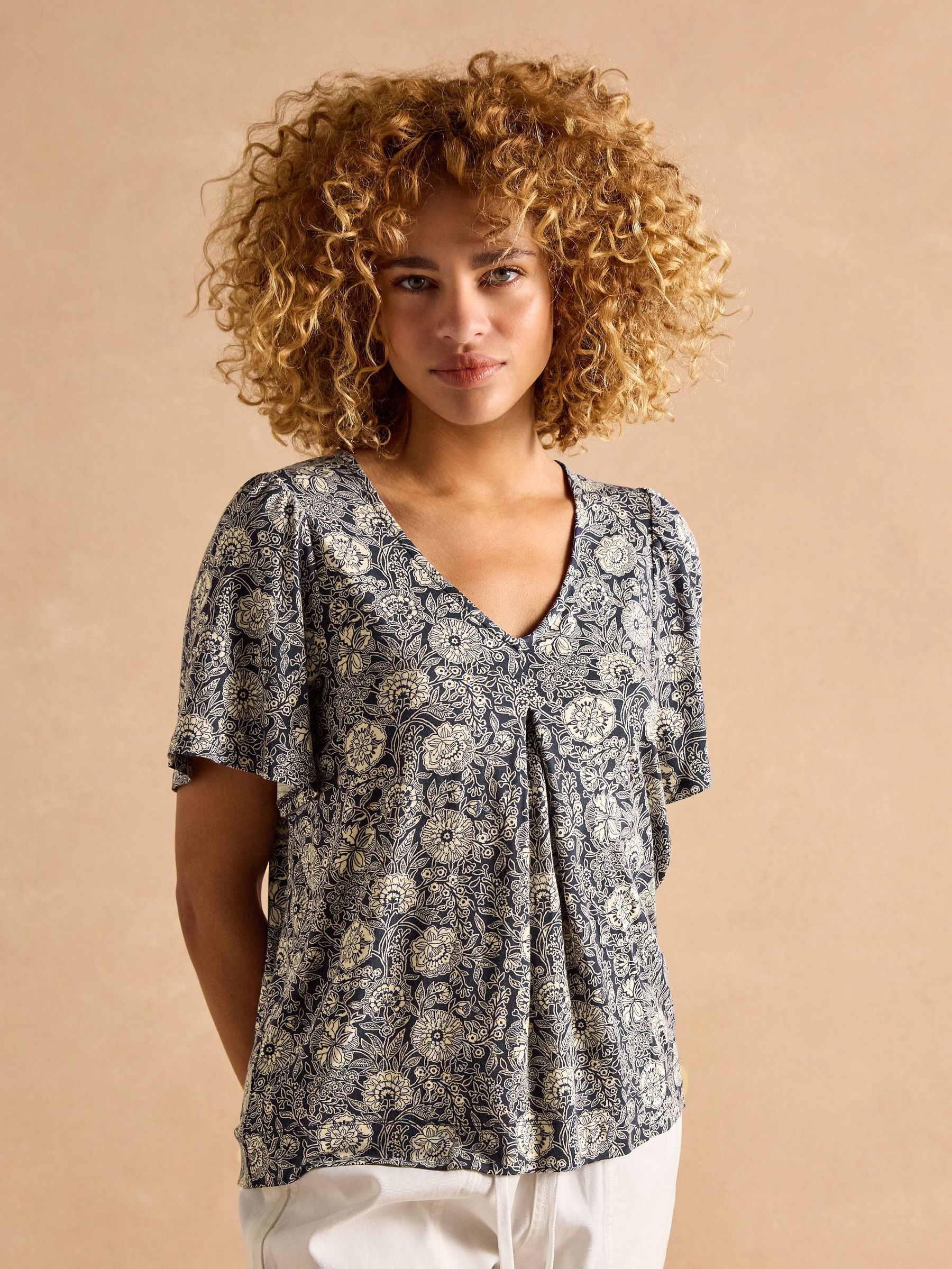 Nia Navy Pleat Front Jersey Top (AW6823) | £29