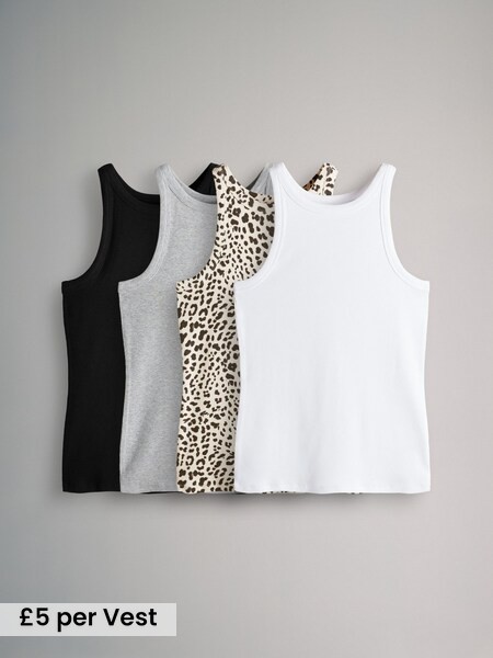 Black/White/Grey Marl/Animal - 4 Pack Ribbed Racer Vests (AW8430) | £20