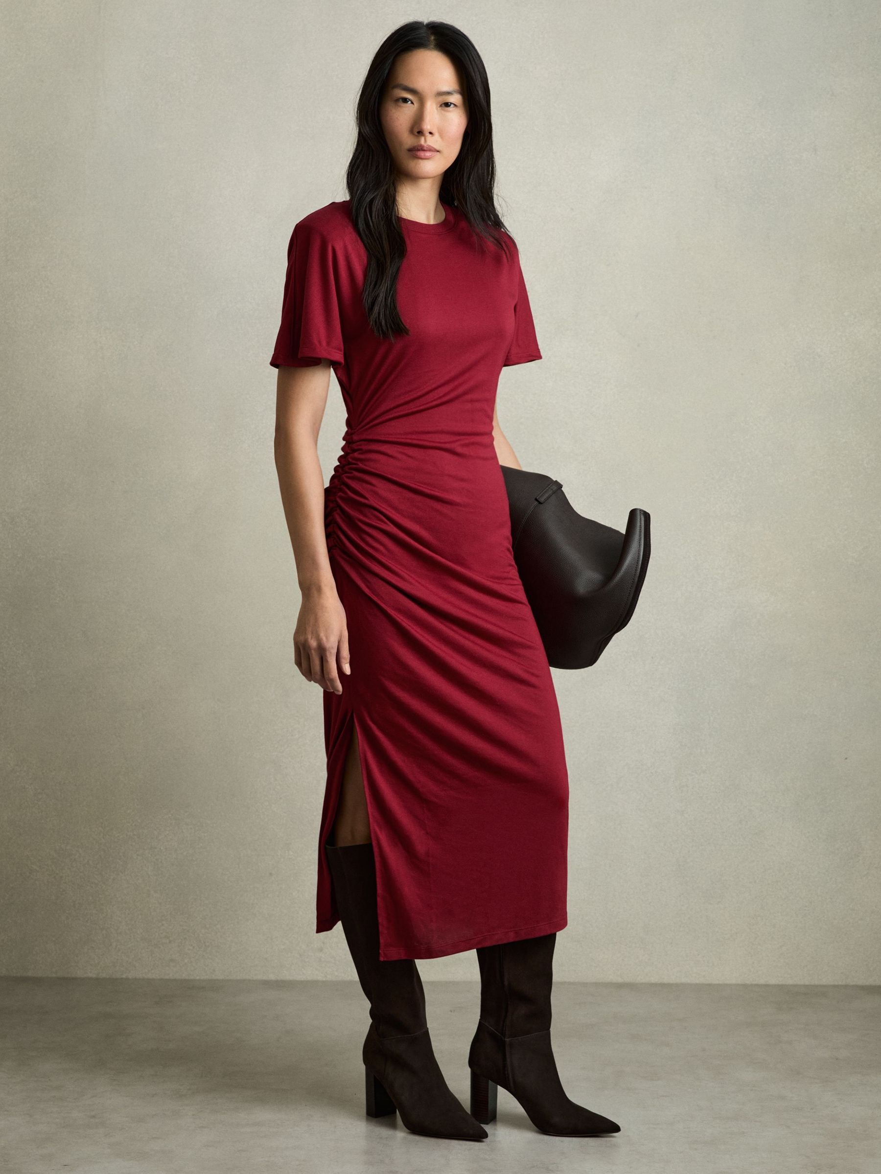 Modal-Blend Ruched Midi Dress in Red (AW8926) | £158