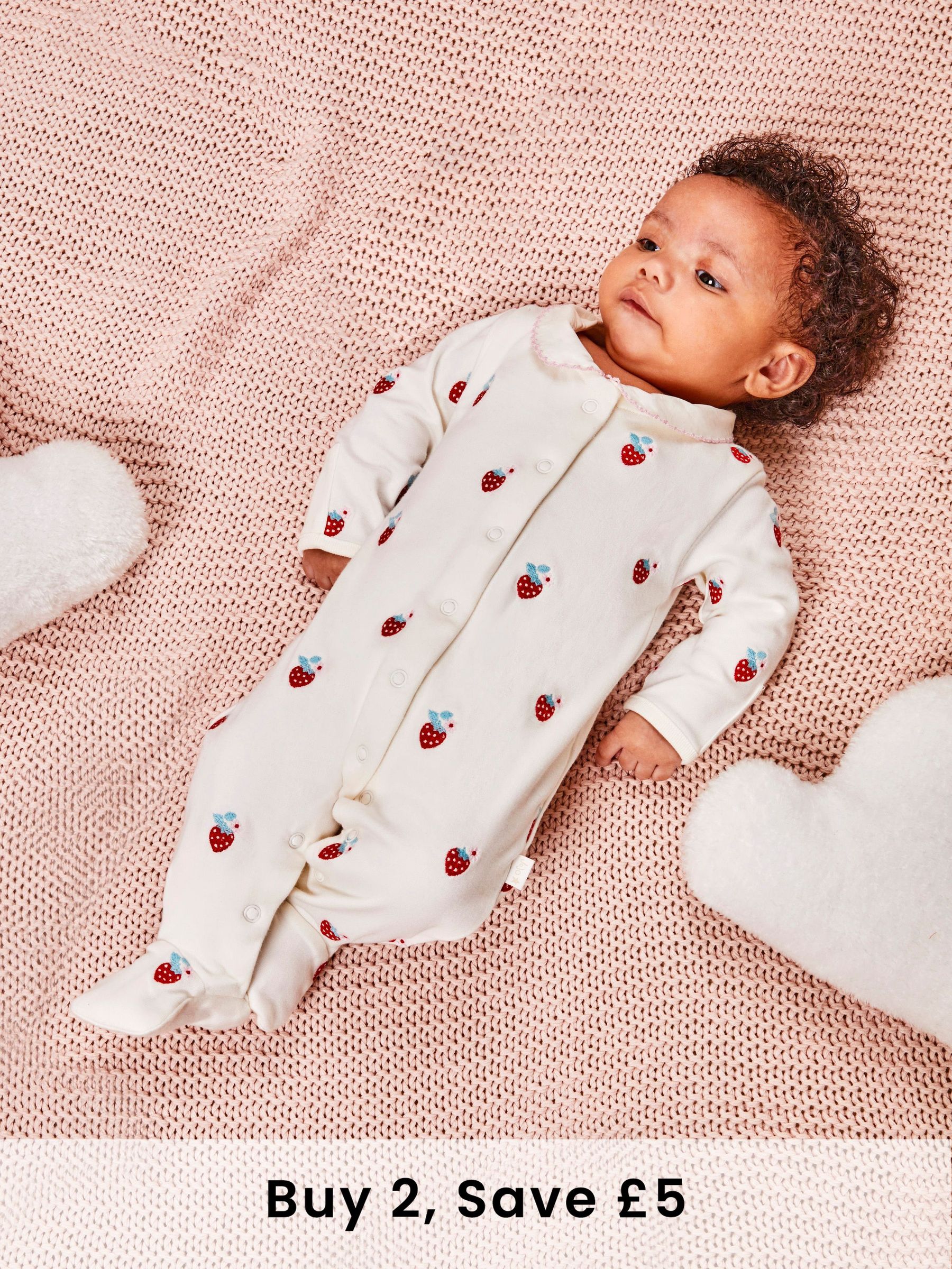 Cream 100% Organic Cotton Strawberry Embroidered Sleepsuit (AY1372) | £21