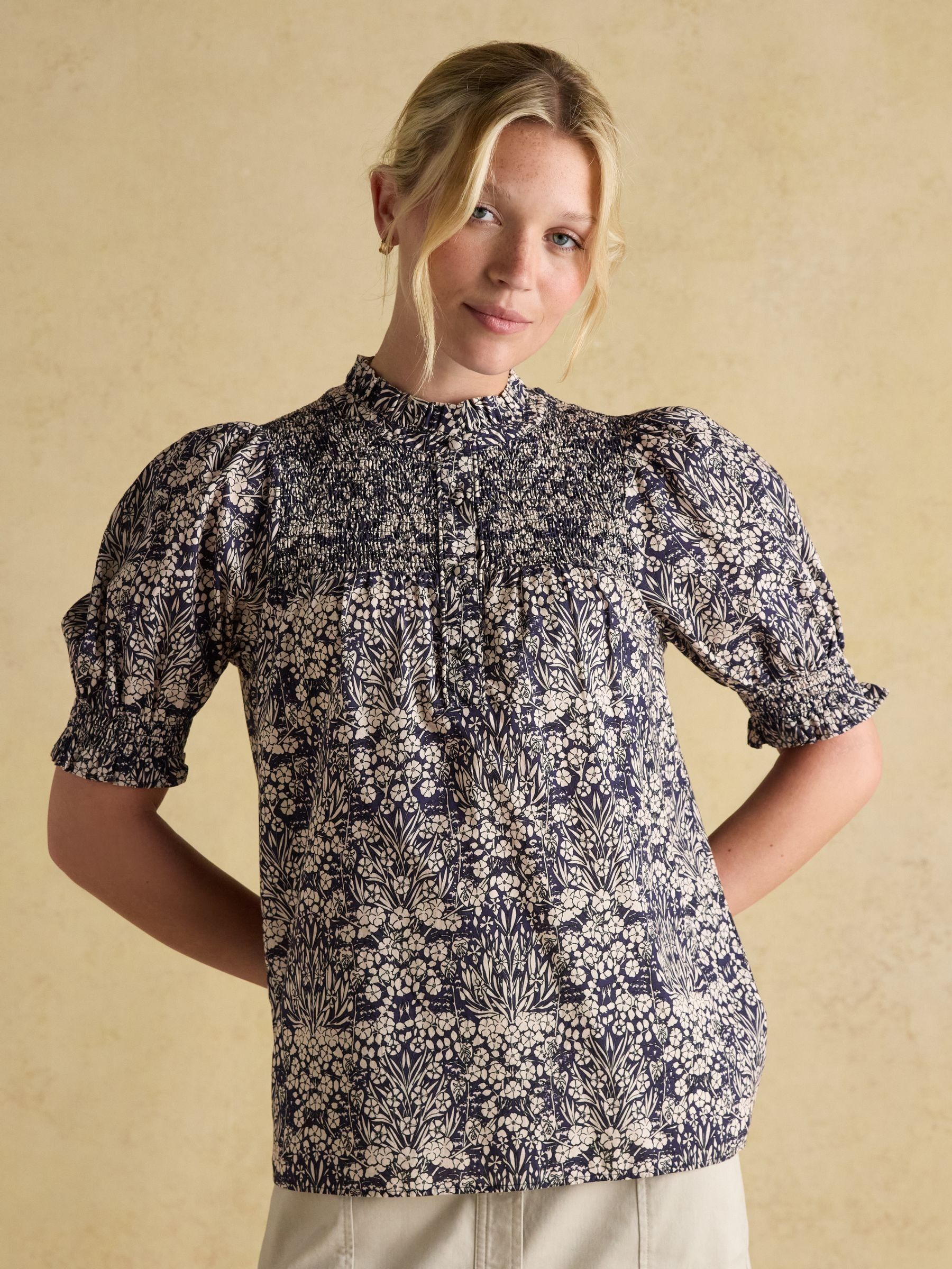 Silvia Blue Frill Neck Smocked Blouse