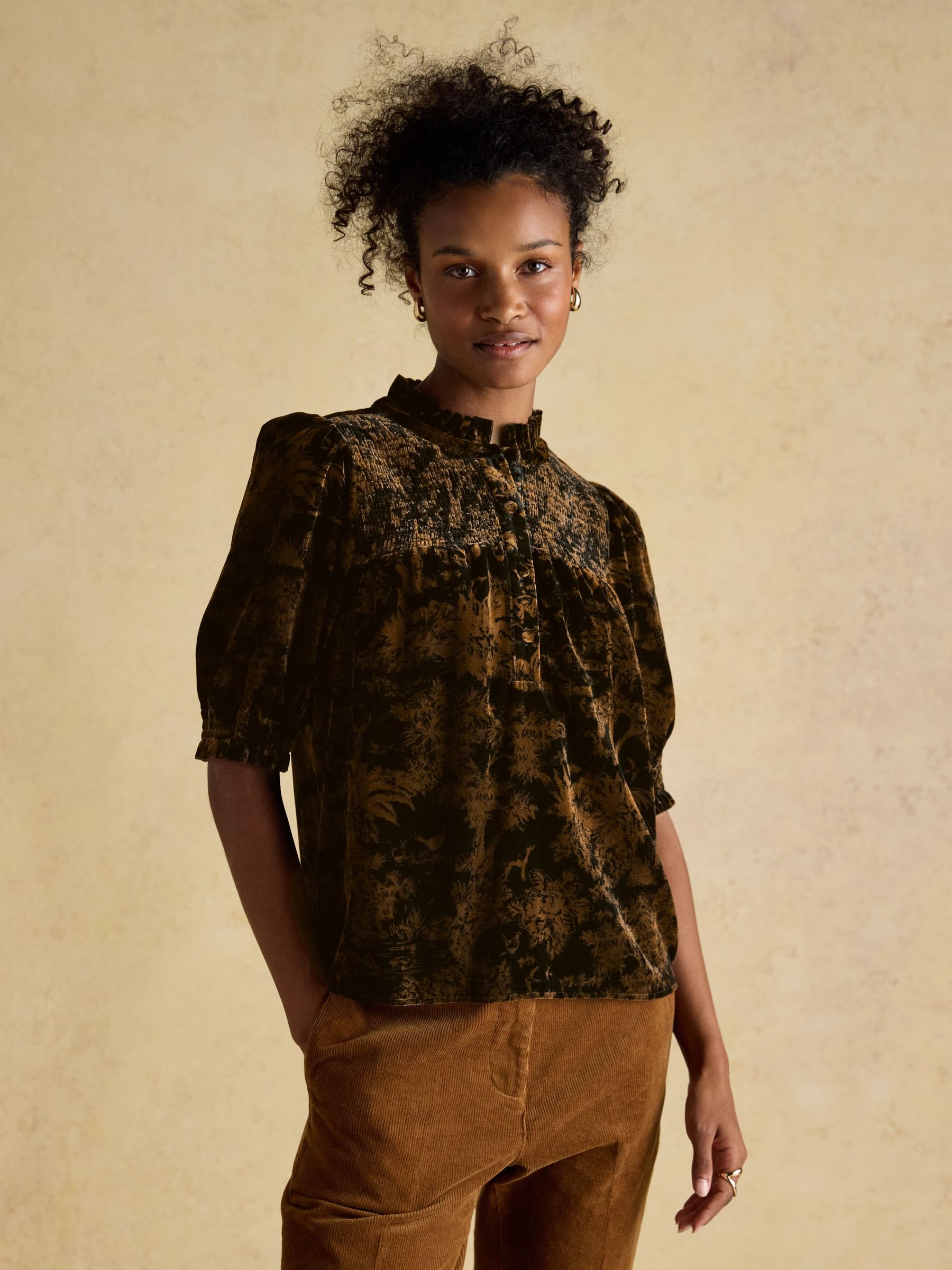 Silvia Black & Gold Smocked Velvet Short Sleeve Blouse (AY2011) | £59