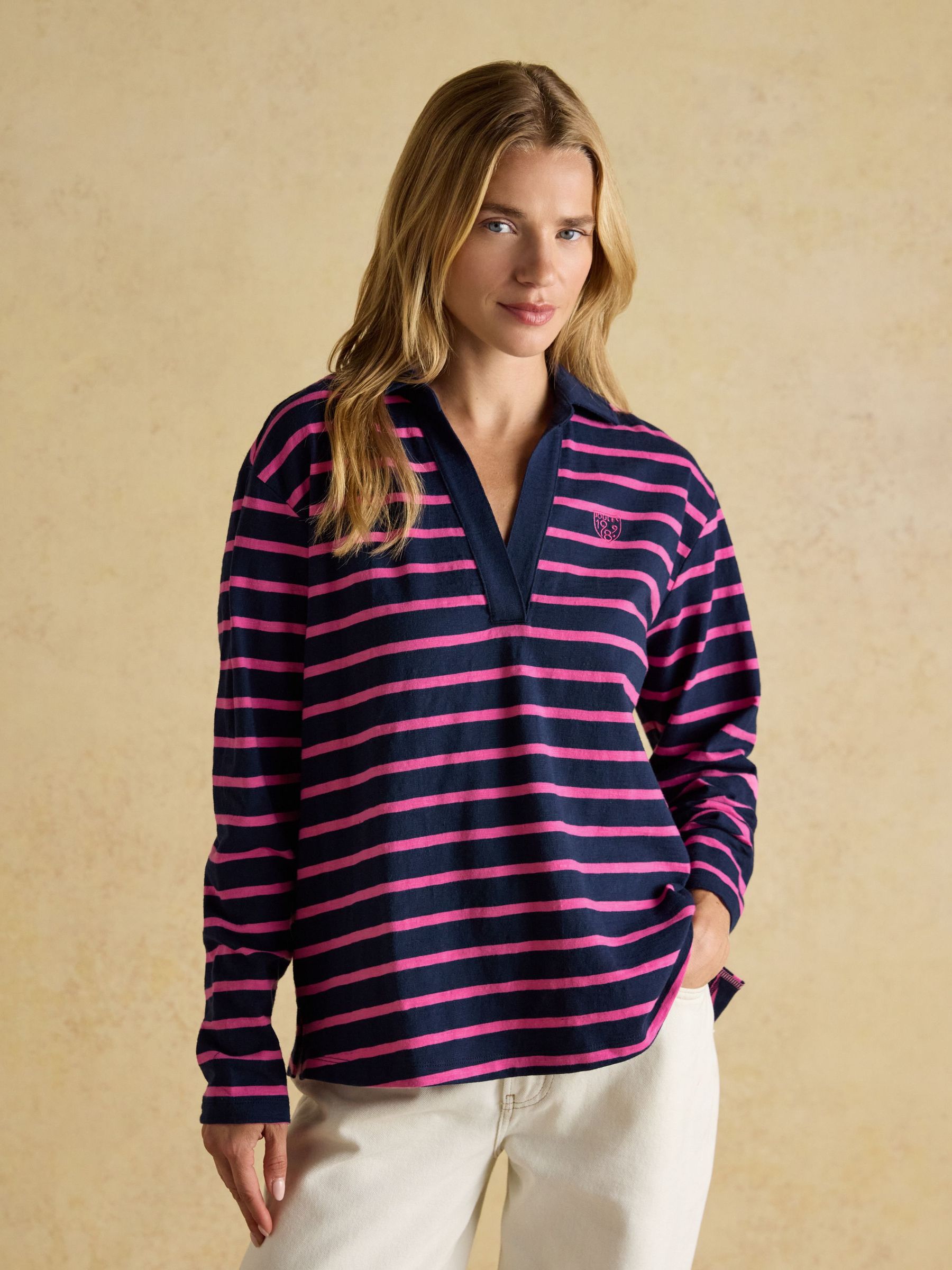 Tallie Navy & Pink Combed Cotton Slub Collared Top