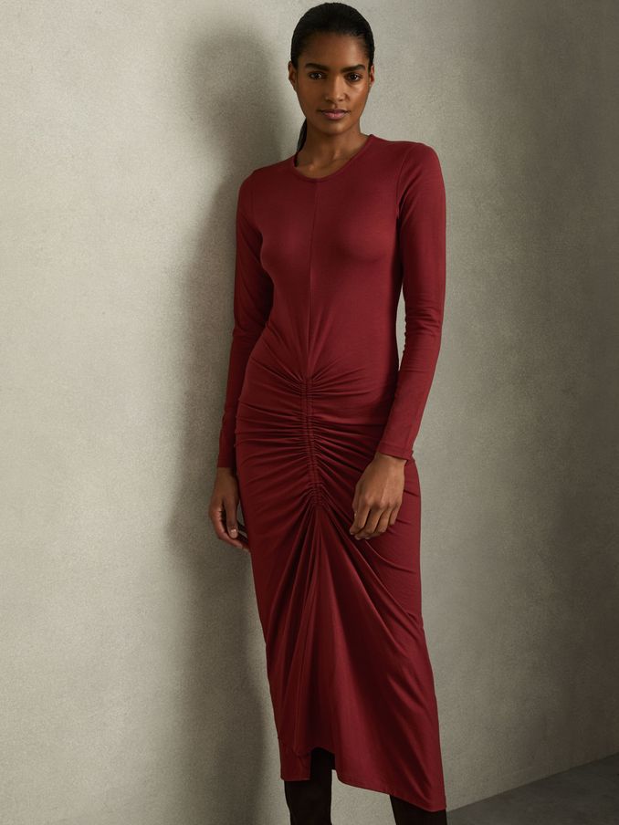 Ruched Jersey Midi Dress in Burgundy (AY3382) | £48