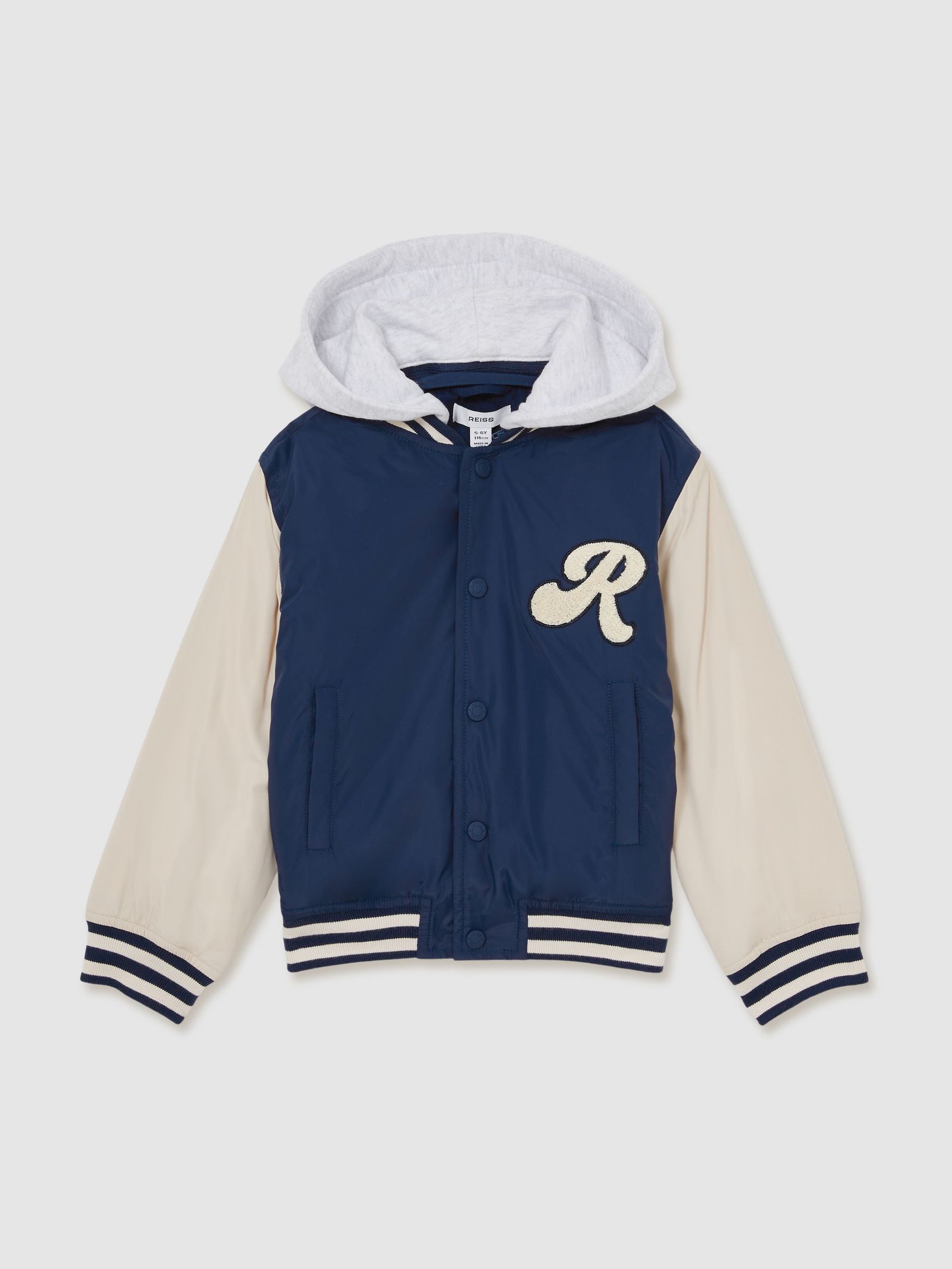 13-14 yrs Logo Patch Hooded Varsity Jacket in Airforce Blue/Off White (AY4391) | £78