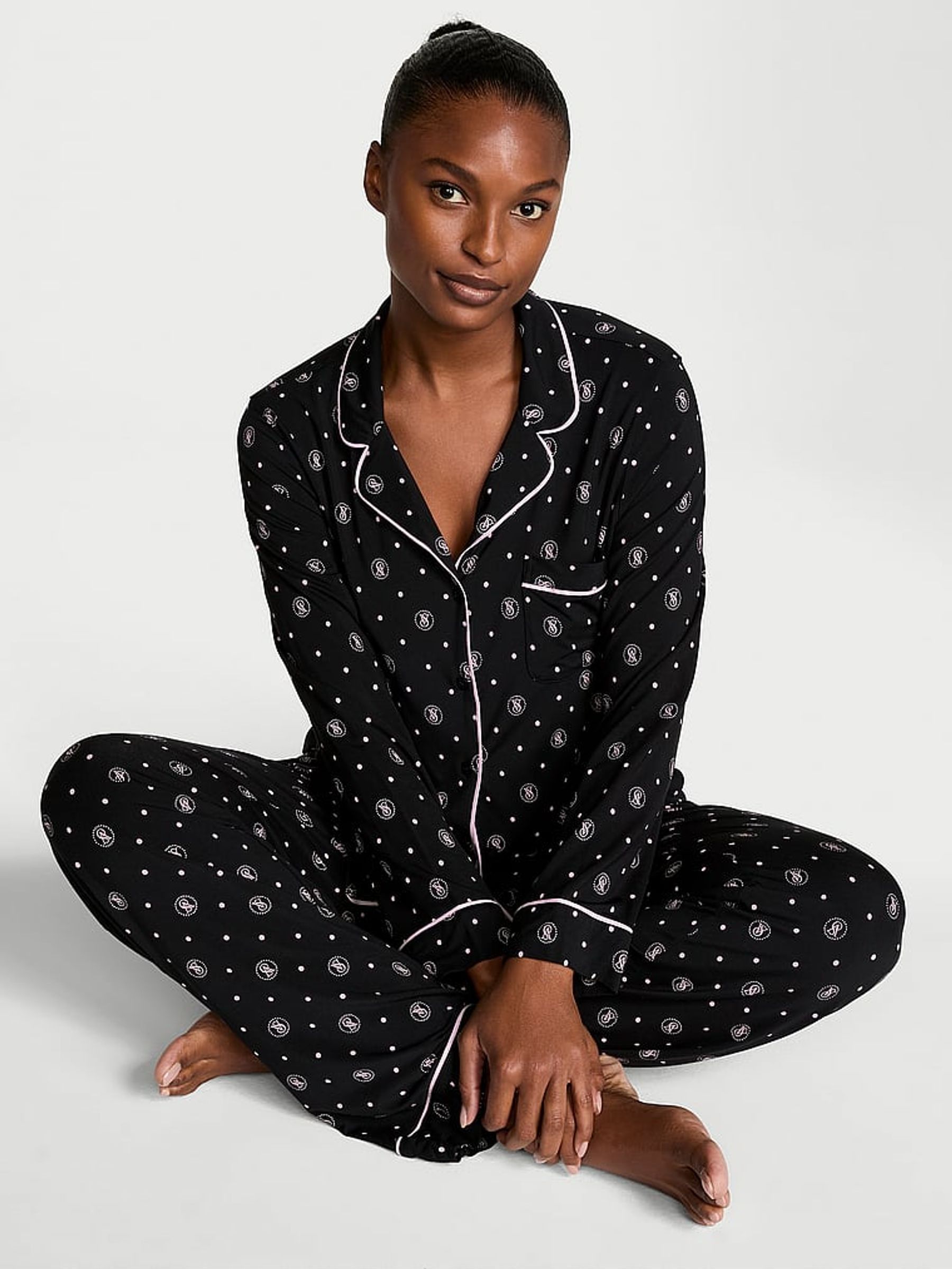 Black VS Dot Modal Long Pyjama Set (AY5572) | £59
