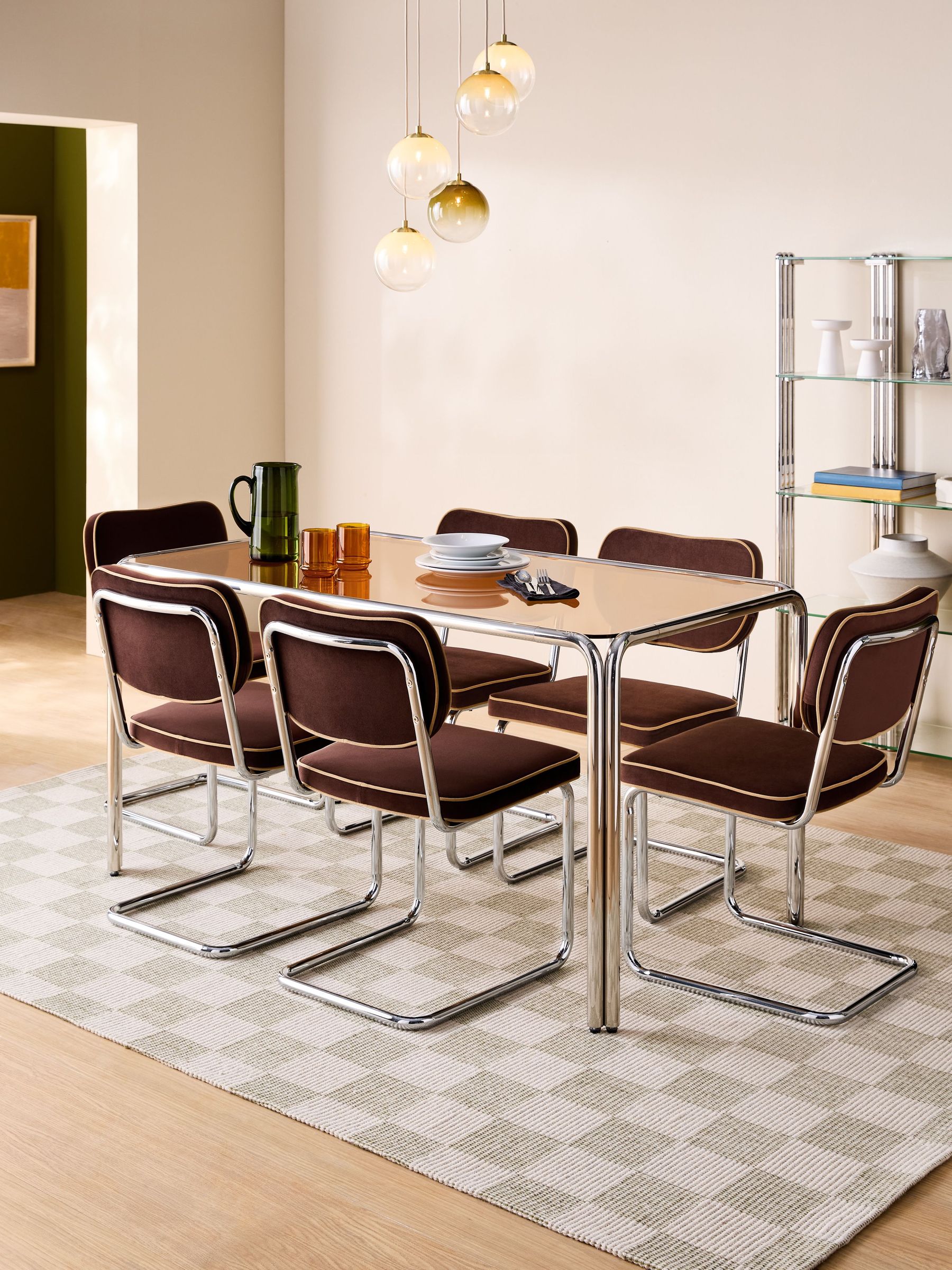 Dunston Fixed 6 Seater Dining Table in Amber Glass and Chrome (AY7172) | £529