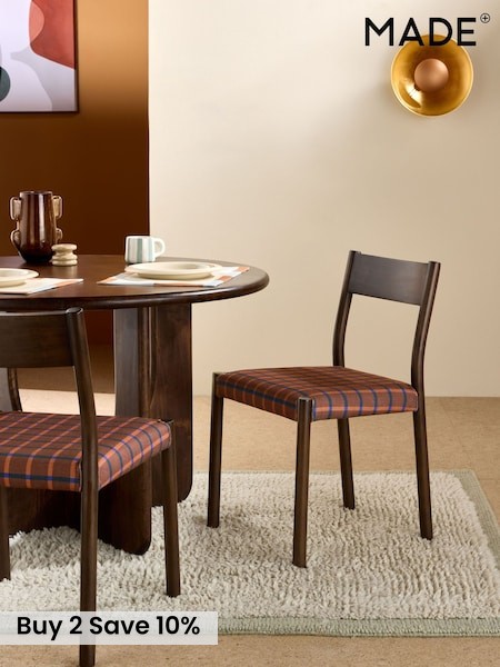 Set of 2 Dark Wood and Rust Brown Cale Check Rhye Dining Chairs (AY7173) | £379