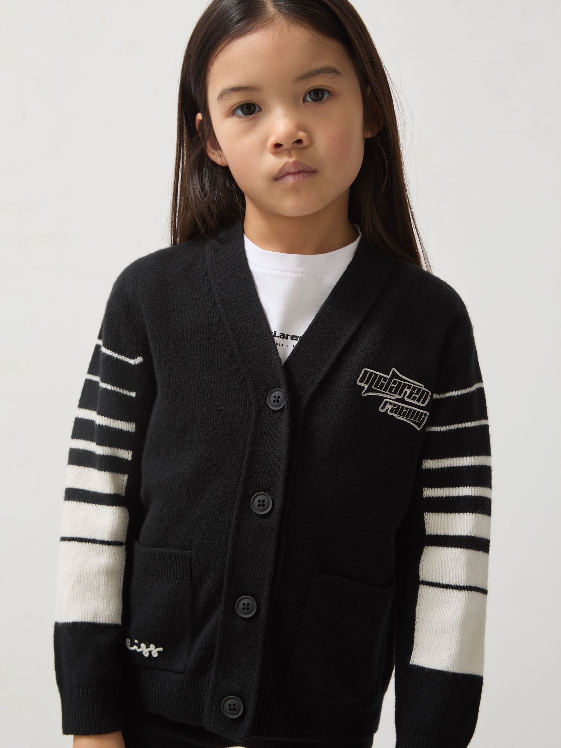 9-13 yrs Unisex Fit McLaren F1 Team Varsity Wool-Cashmere Cardigan in Black (AY7527) | £66