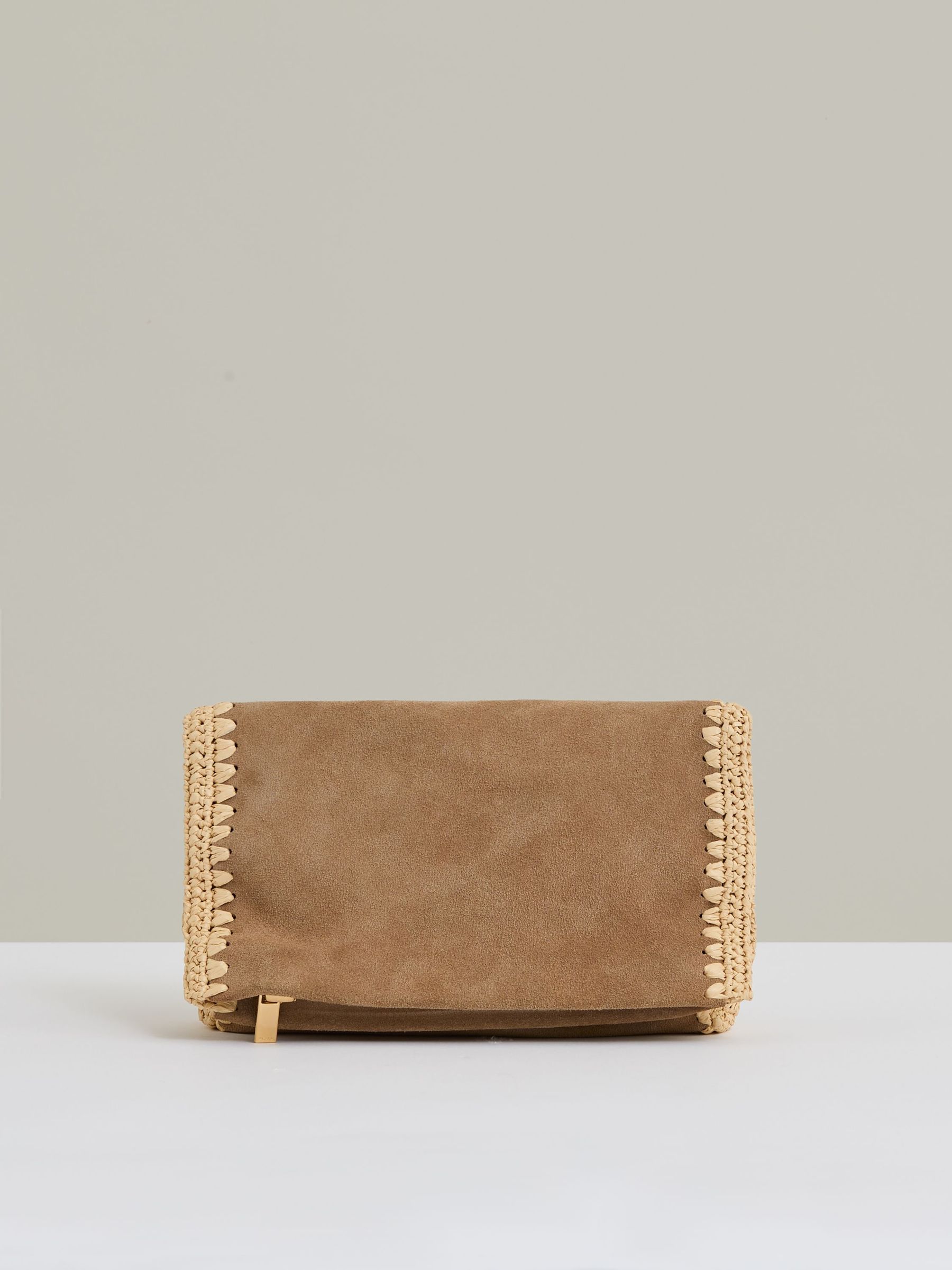 Suede Woven-Trim Clutch Bag in Tan (AY9916) | £148