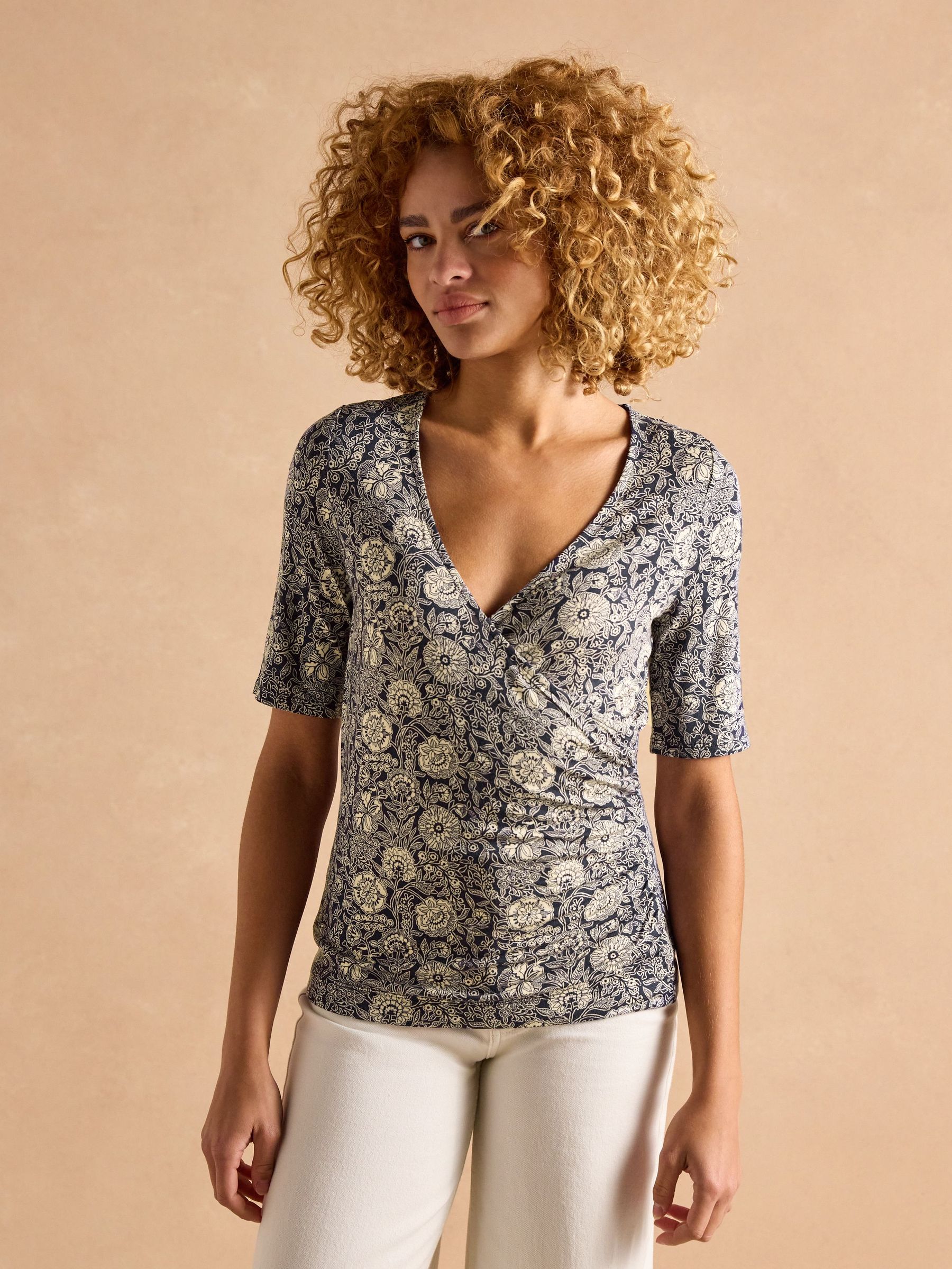 Nia Blue Wrap Front Jersey Top (B00219) | £29