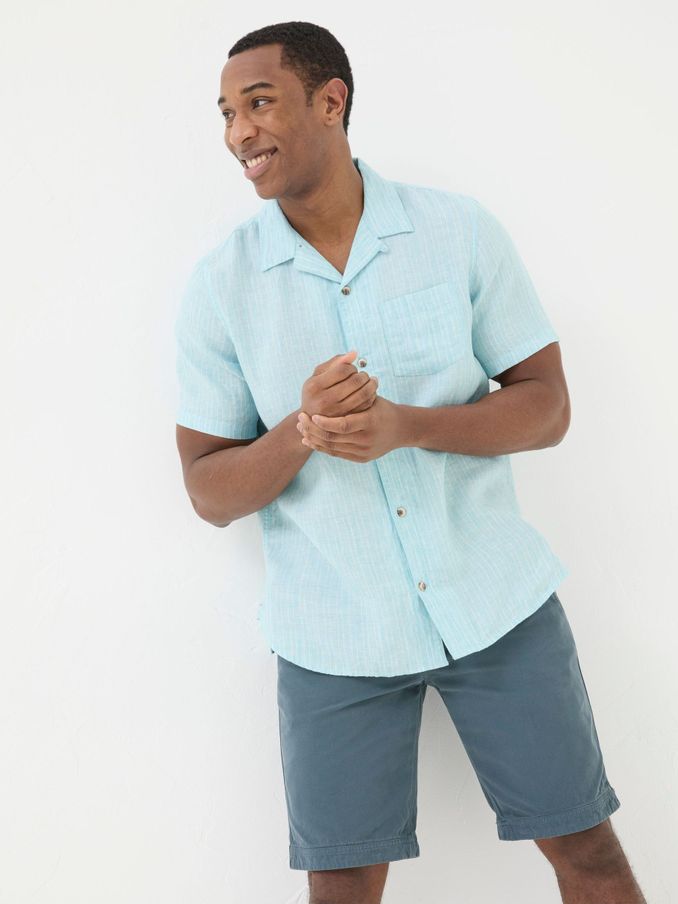 Blue Short Sleeve Stripe Linen Shirt (B00405) | £30