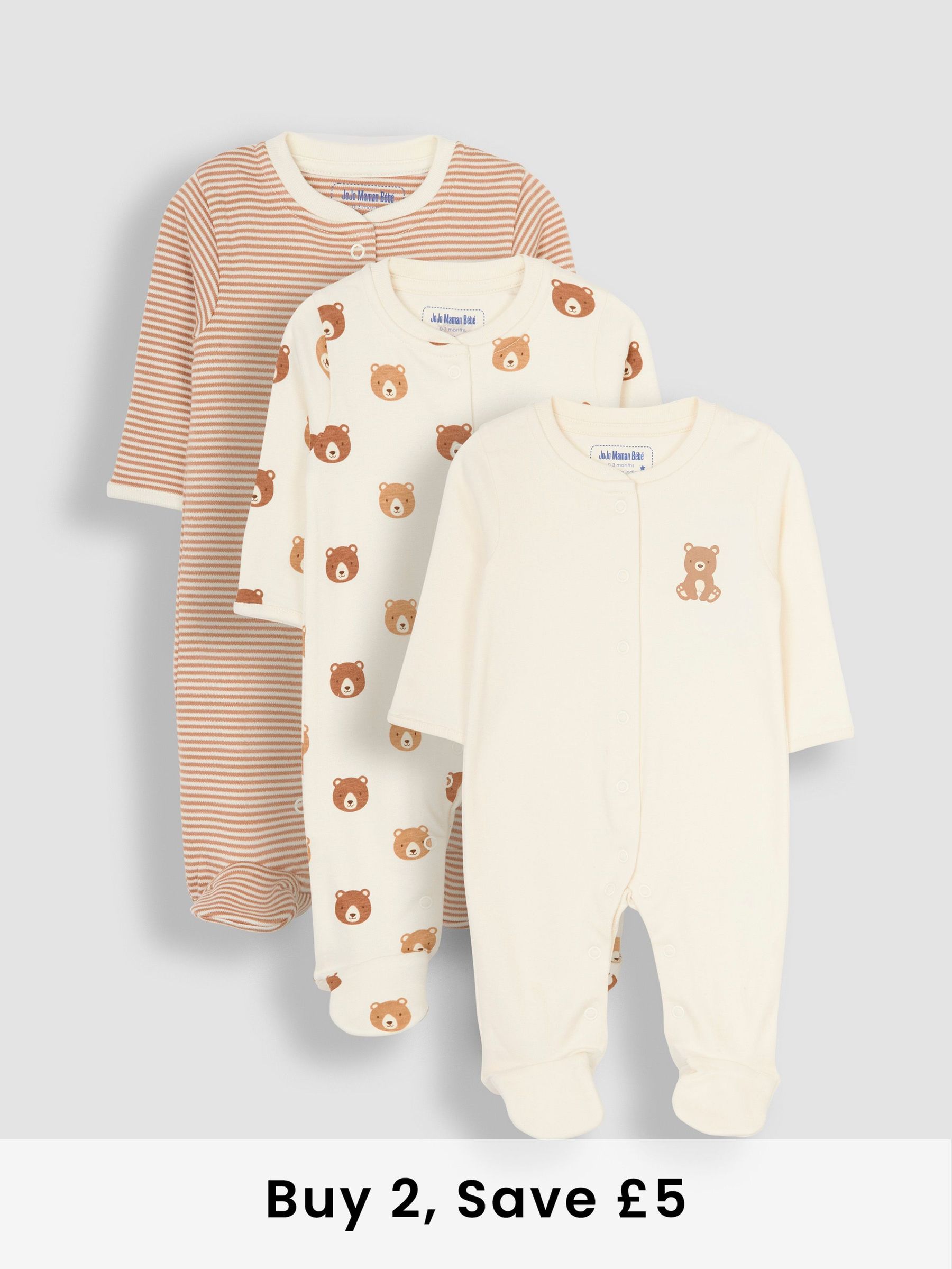 Natural Cream Cotton Footed Animal Print Sleepsuits 3-Pack (B00542) | £29.50