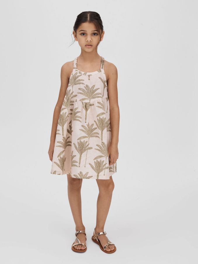 4-9 yrs Linen-Cotton Tropical Dress in Neutral (B02676) | £25