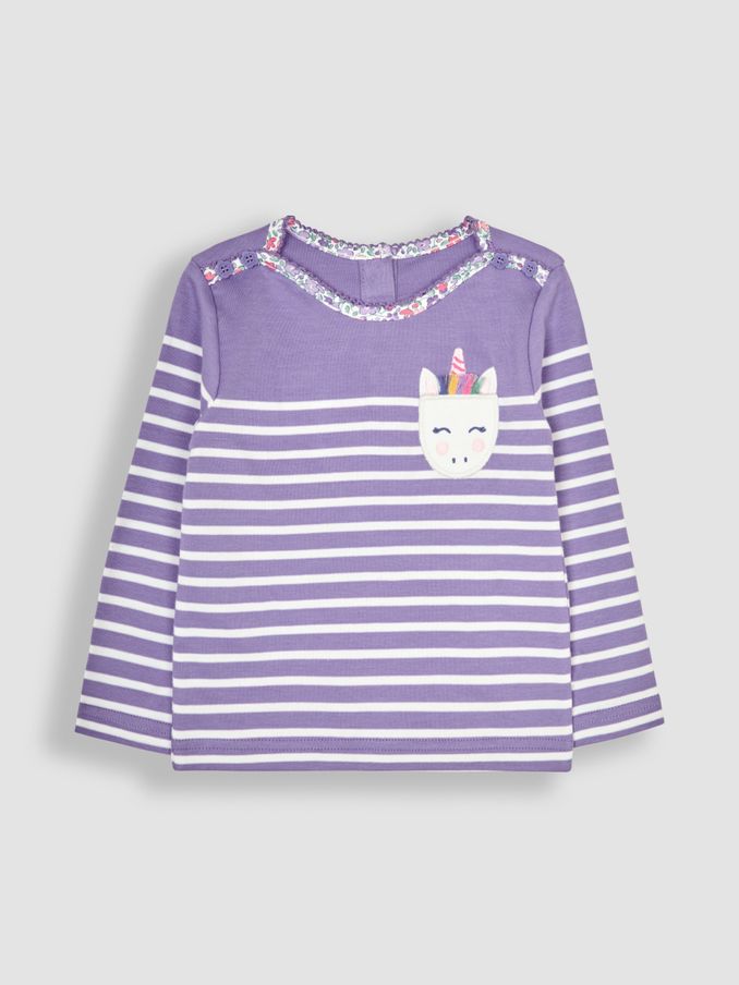 Lilac Purple Unicorn Cotton Long Sleeve Pocket Breton Top (B04013) | £8